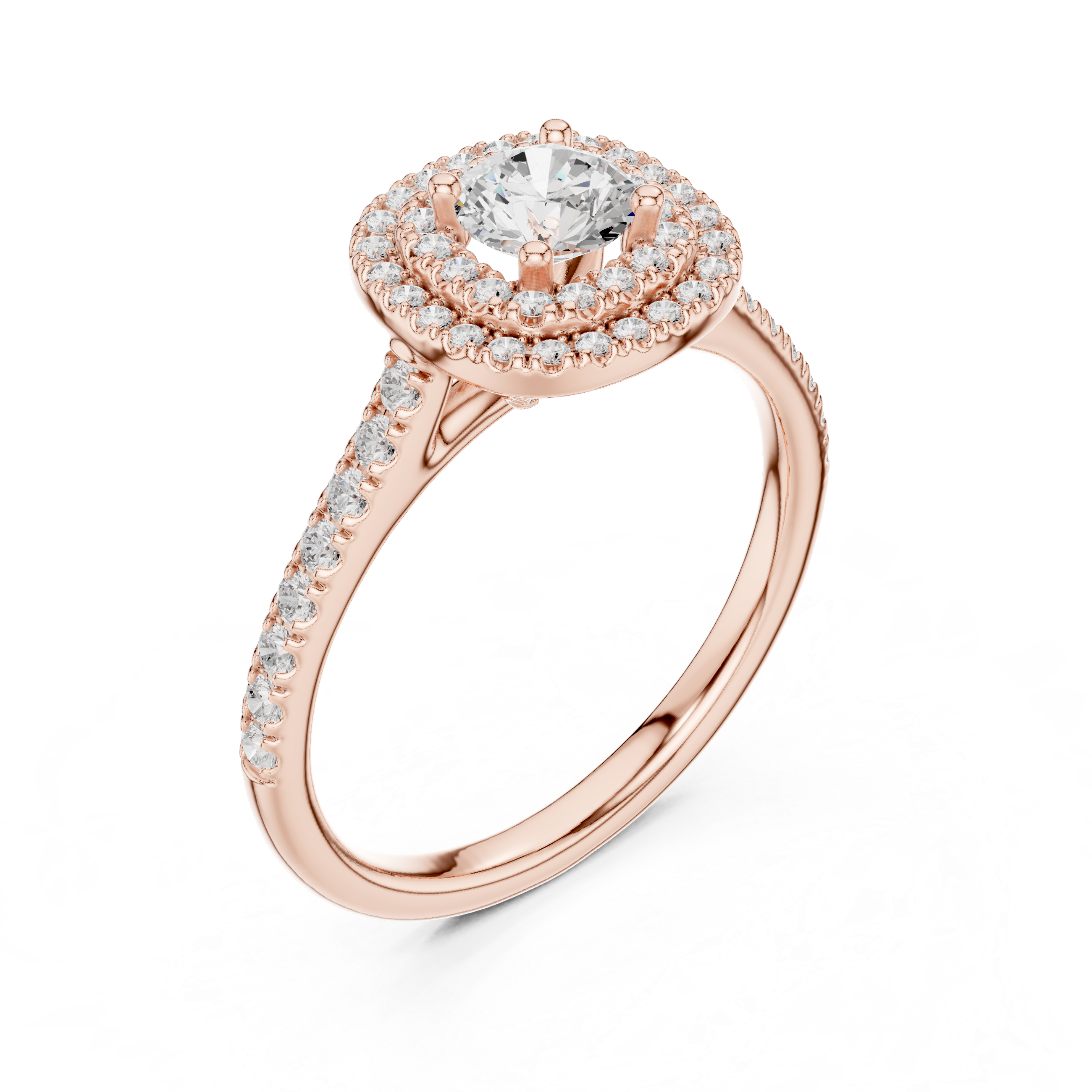 Double Halo Round Diamond Engagement Ring – Pavé Bridal Ring with Hidden Gallery