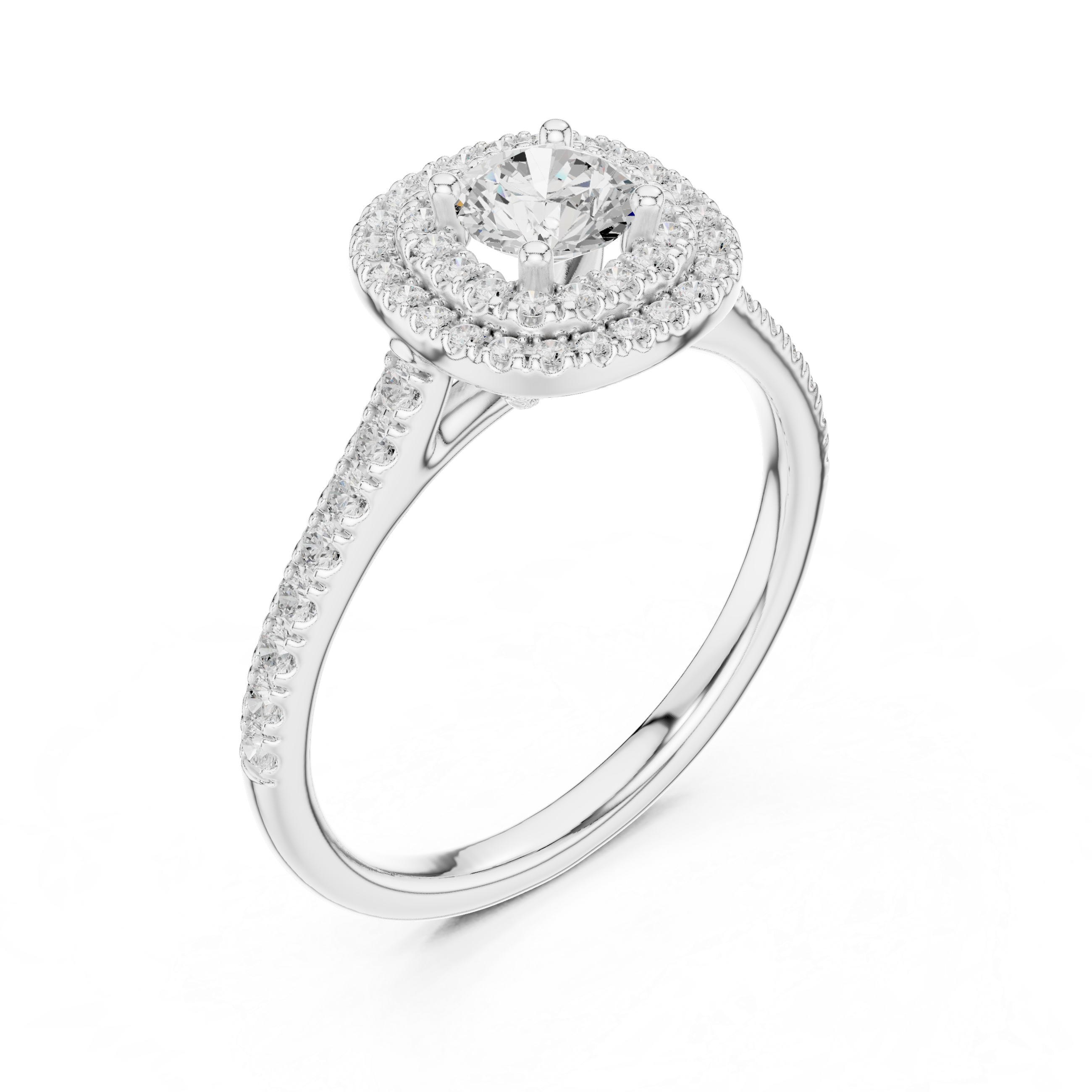Double Halo Round Diamond Engagement Ring – Pavé Bridal Ring with Hidden Gallery