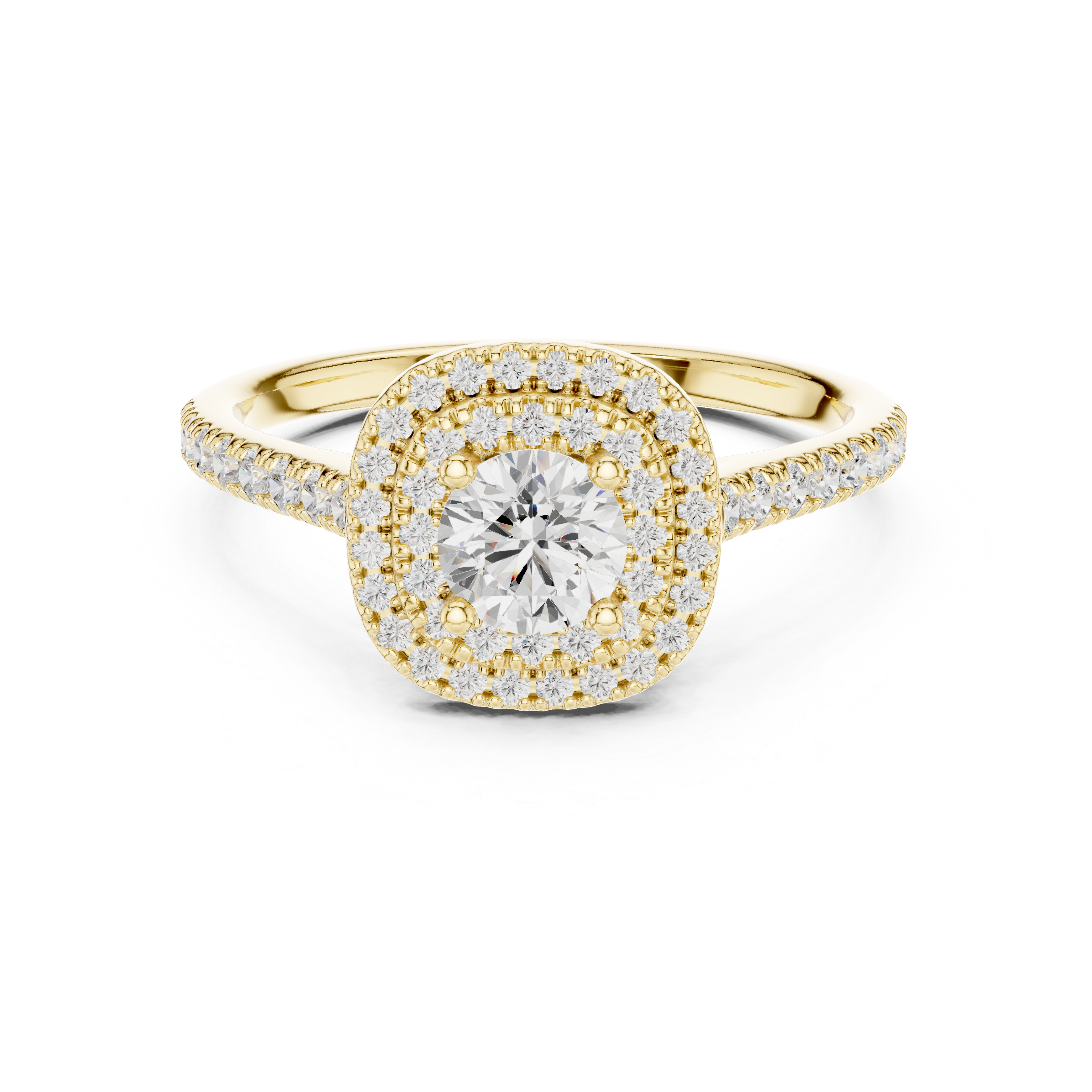 Double Halo Round Diamond Engagement Ring – Pavé Bridal Ring with Hidden Gallery