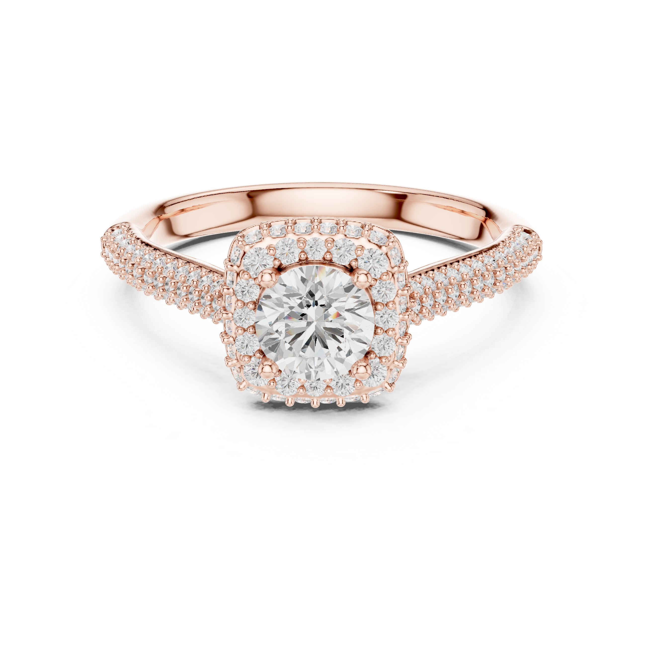 Double Pavé Halo Engagement Ring – Cushion Inspired Round Diamond Ring
