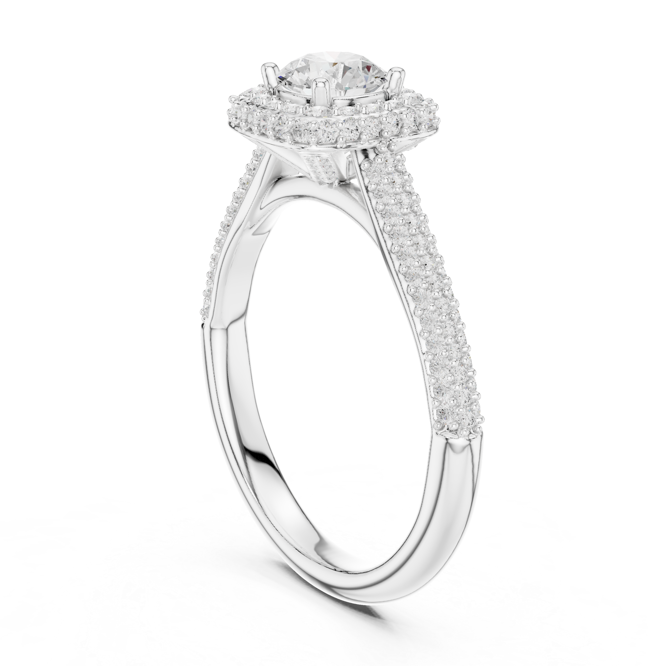 Double Pavé Halo Engagement Ring – Cushion Inspired Round Diamond Ring