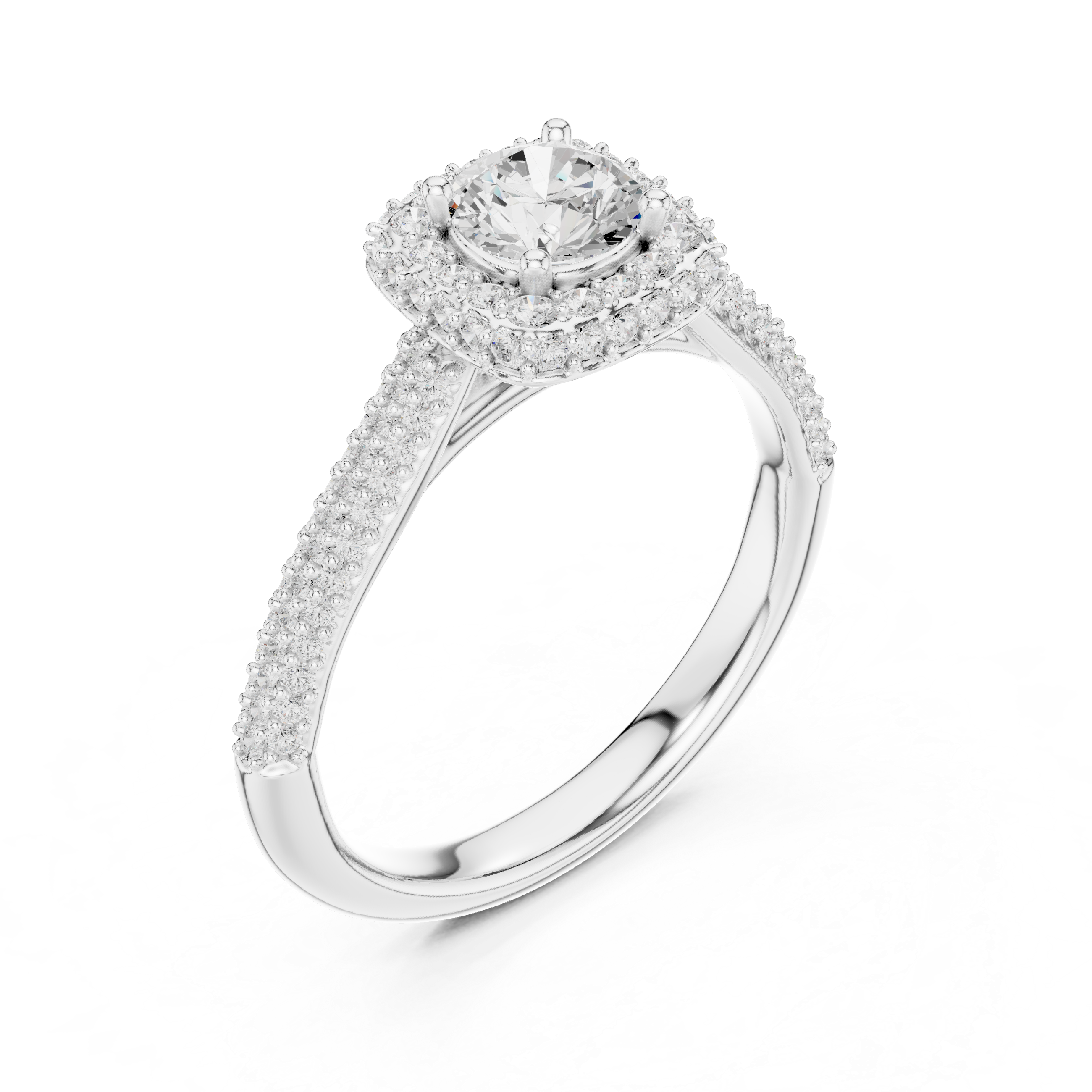 Double Pavé Halo Engagement Ring – Cushion Inspired Round Diamond Ring