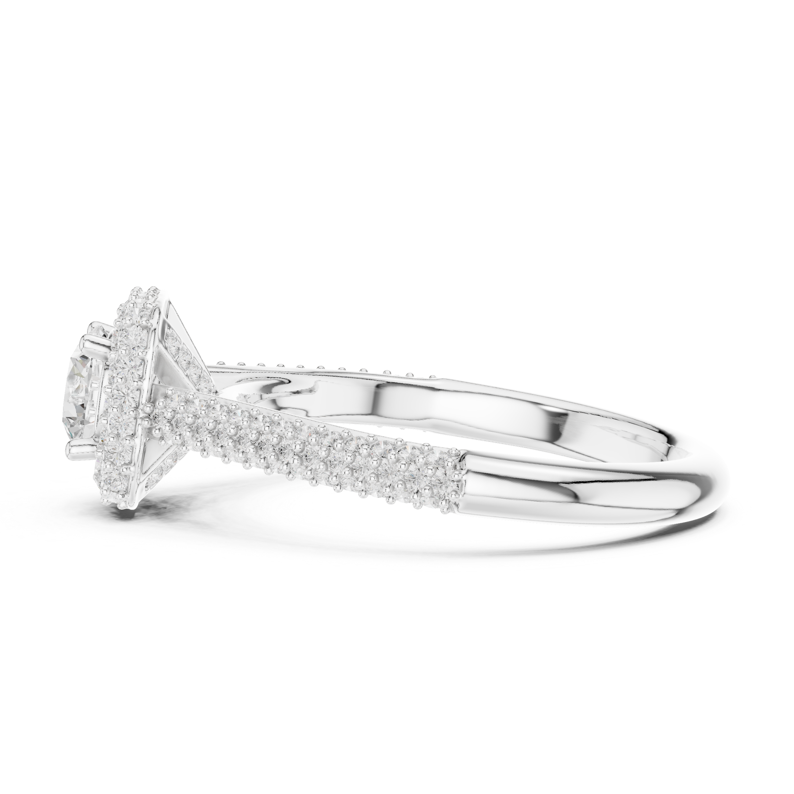 Double Pavé Halo Engagement Ring – Cushion Inspired Round Diamond Ring