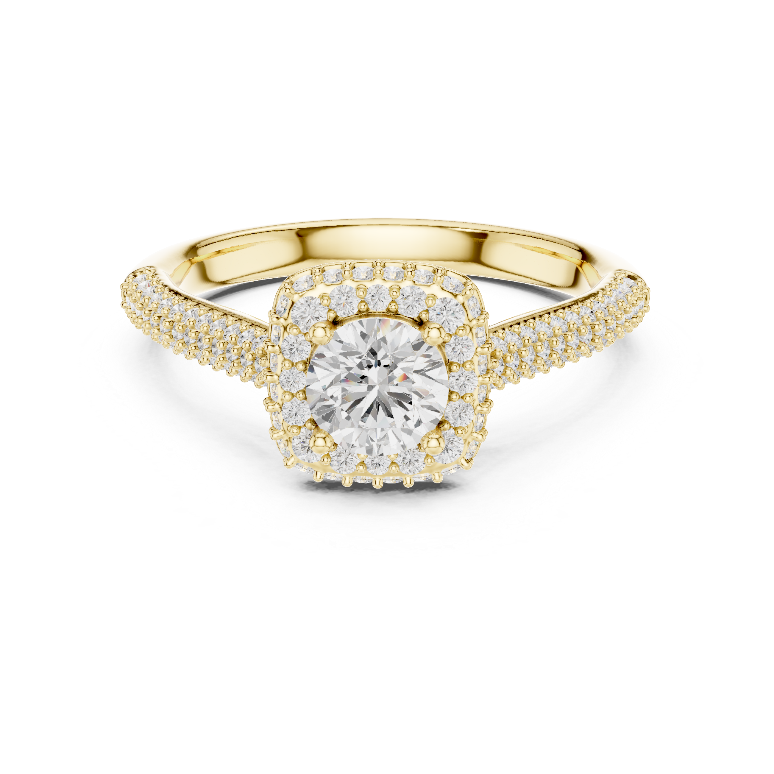 Double Pavé Halo Engagement Ring – Cushion Inspired Round Diamond Ring