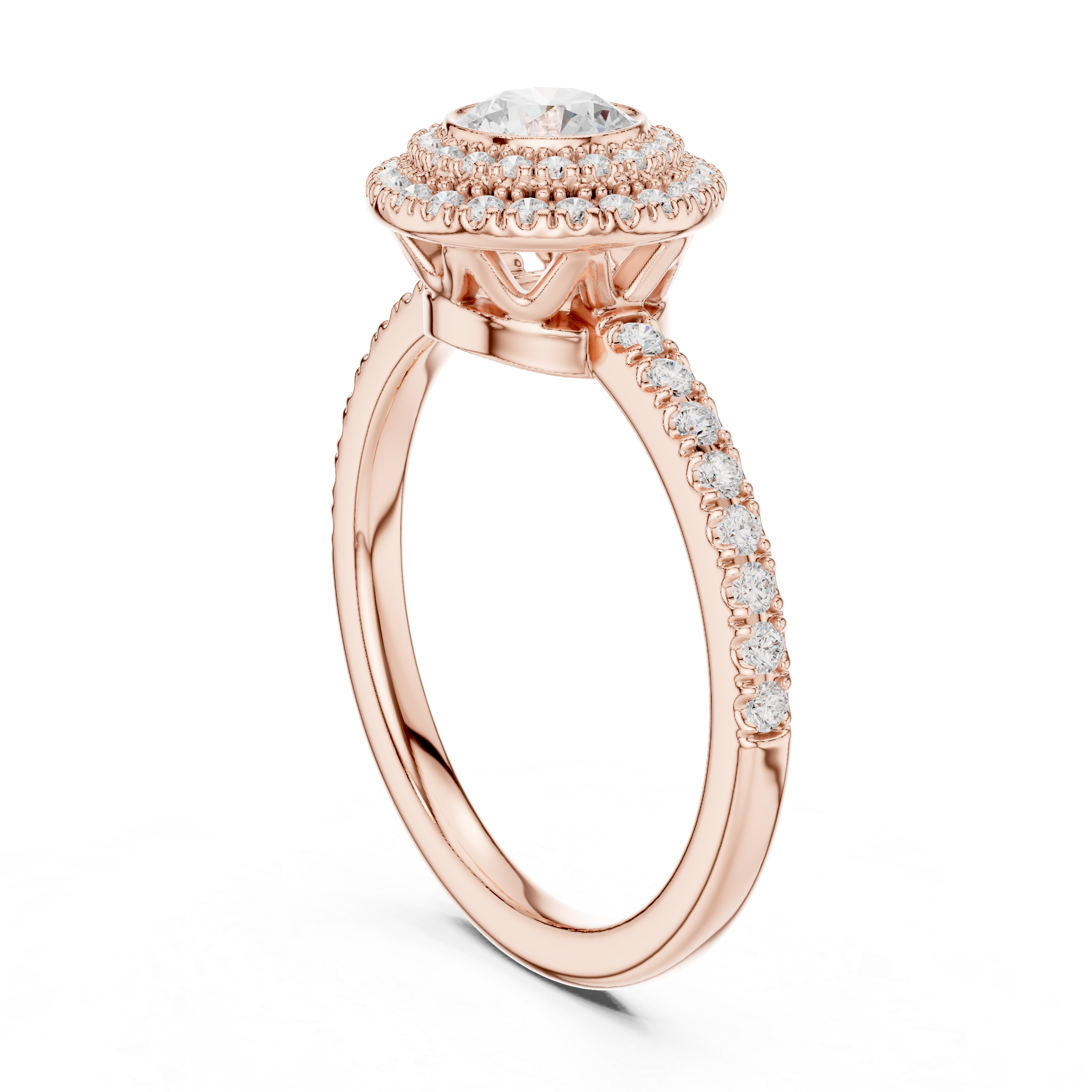 Vintage Double Halo Bezel Engagement Ring – Round Diamond Pavé Ring