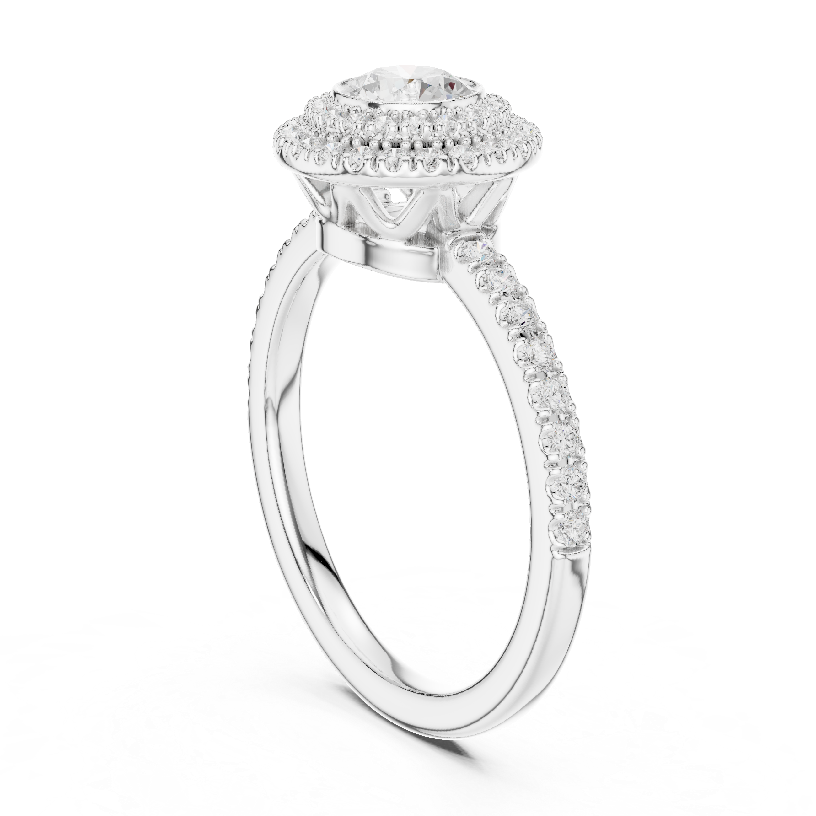 Vintage Double Halo Bezel Engagement Ring – Round Diamond Pavé Ring