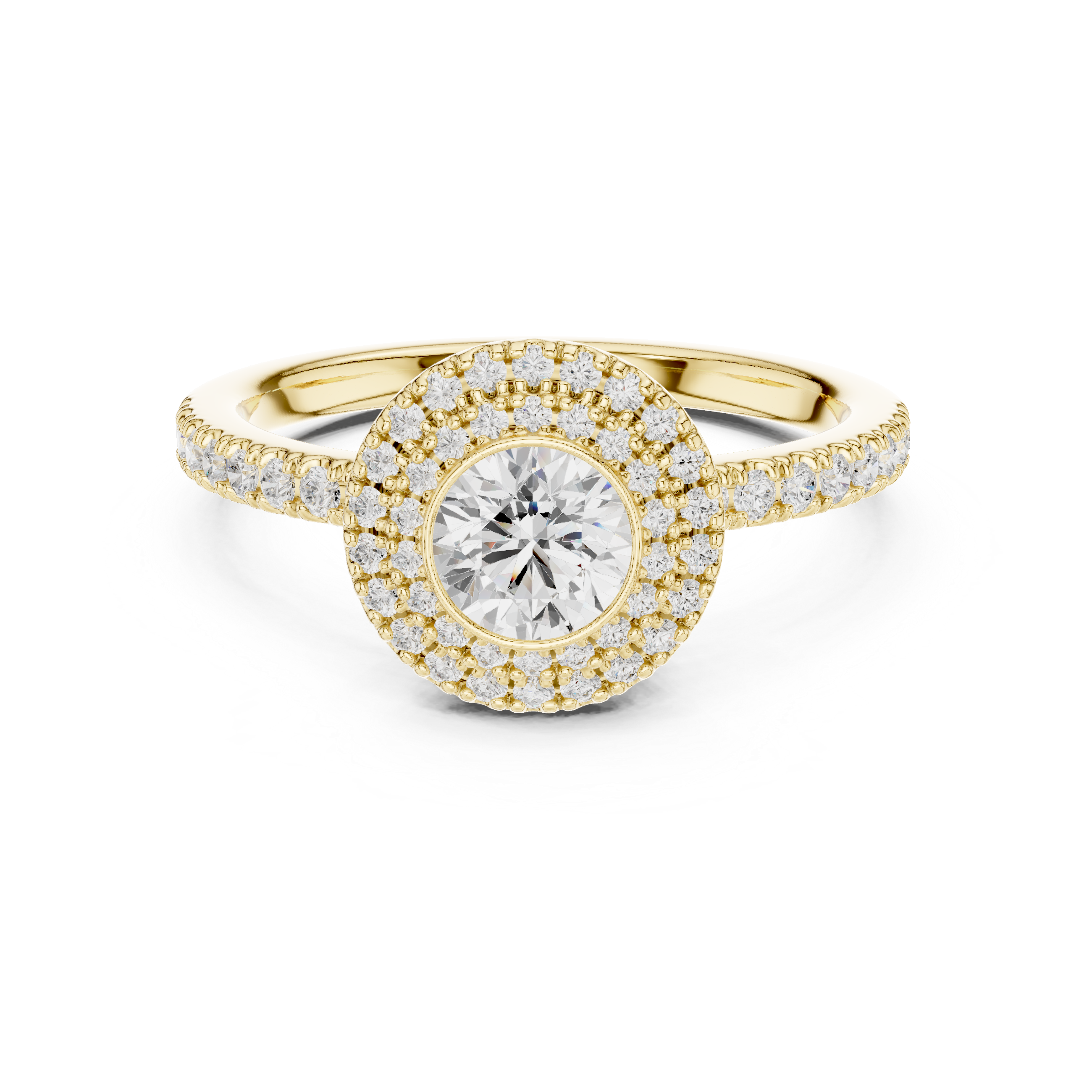 Vintage Double Halo Bezel Engagement Ring – Round Diamond Pavé Ring
