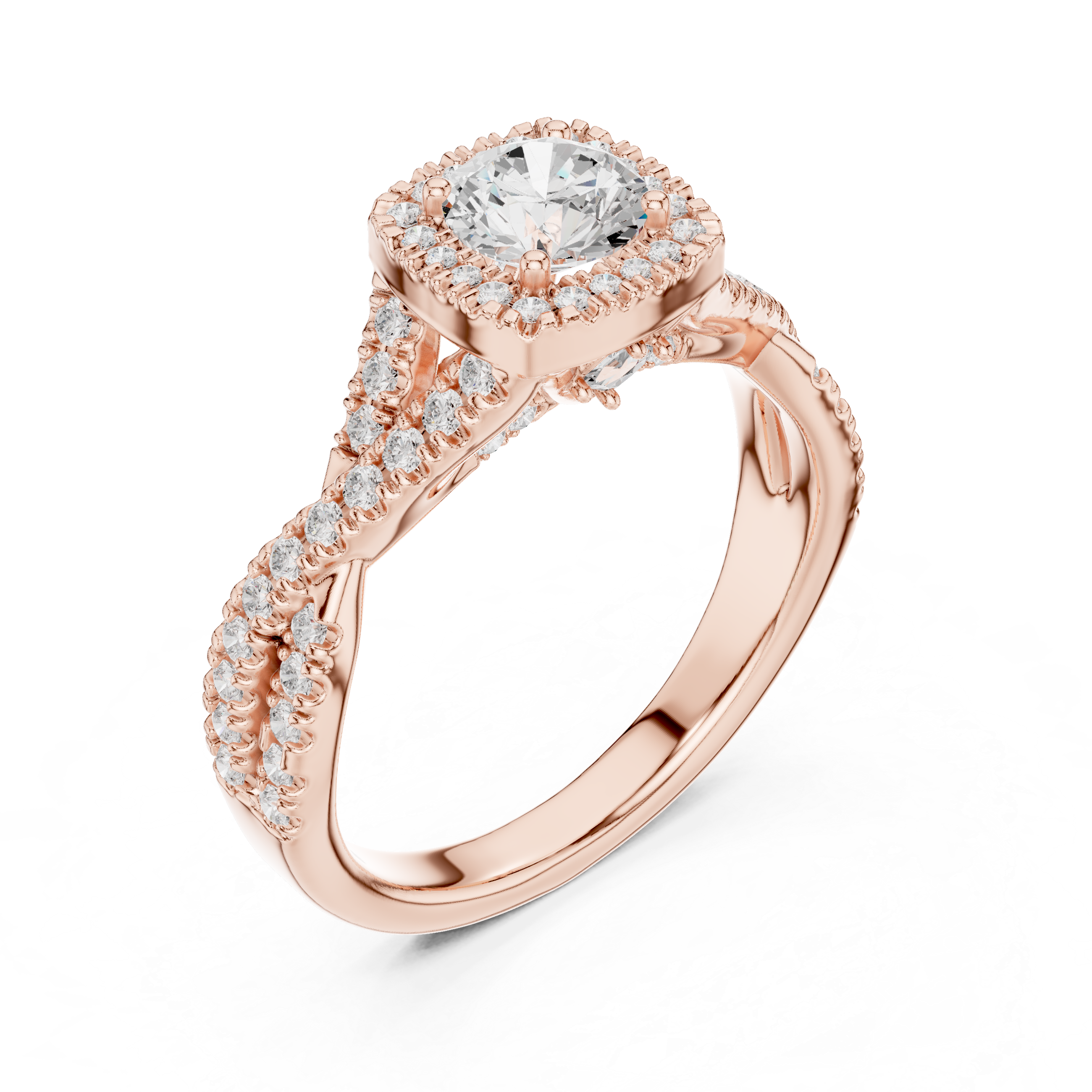 Twisted Split Shank Halo Engagement Ring – Round Diamond Bridal Ring