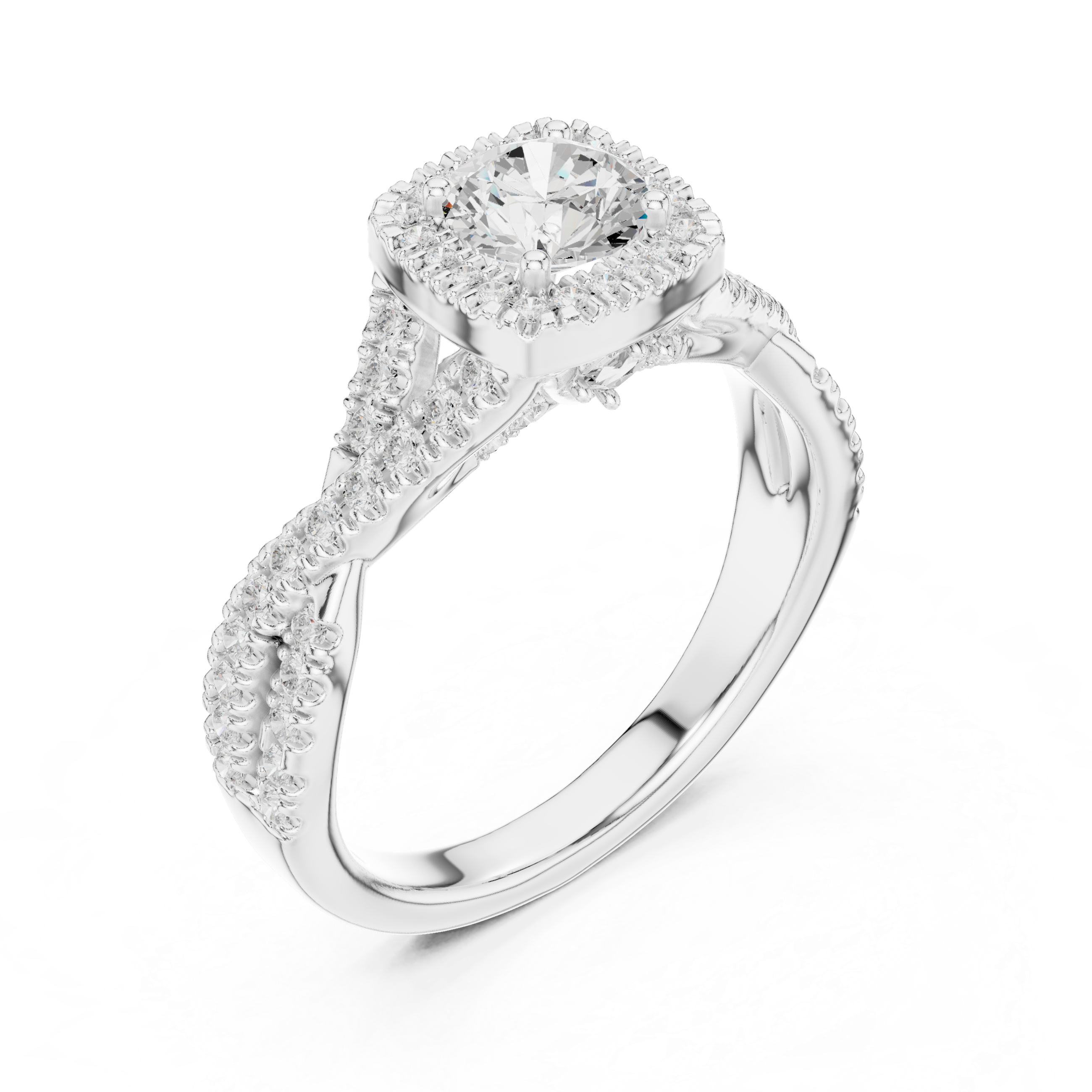 Twisted Split Shank Halo Engagement Ring – Round Diamond Bridal Ring