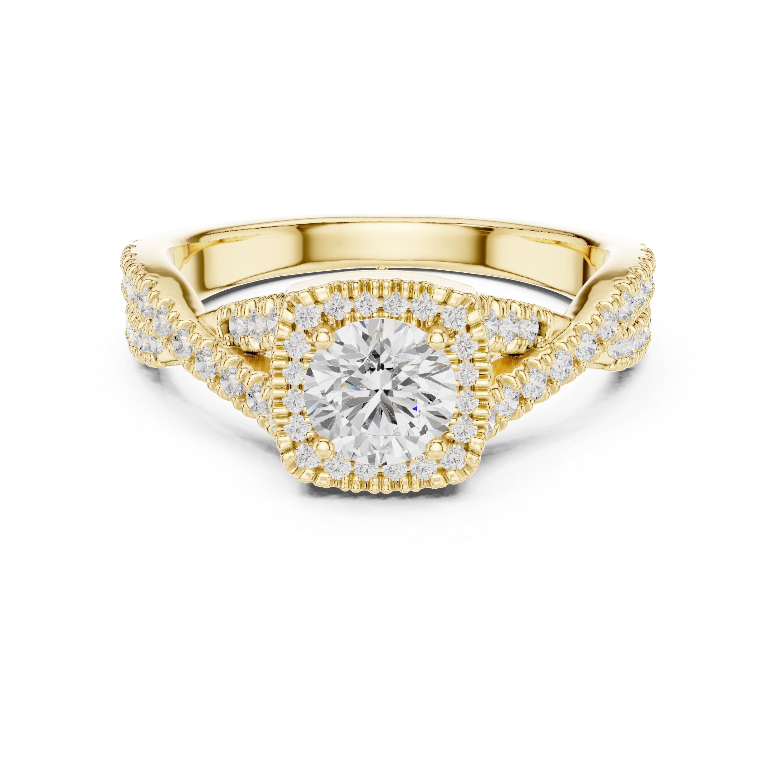 Twisted Split Shank Halo Engagement Ring – Round Diamond Bridal Ring