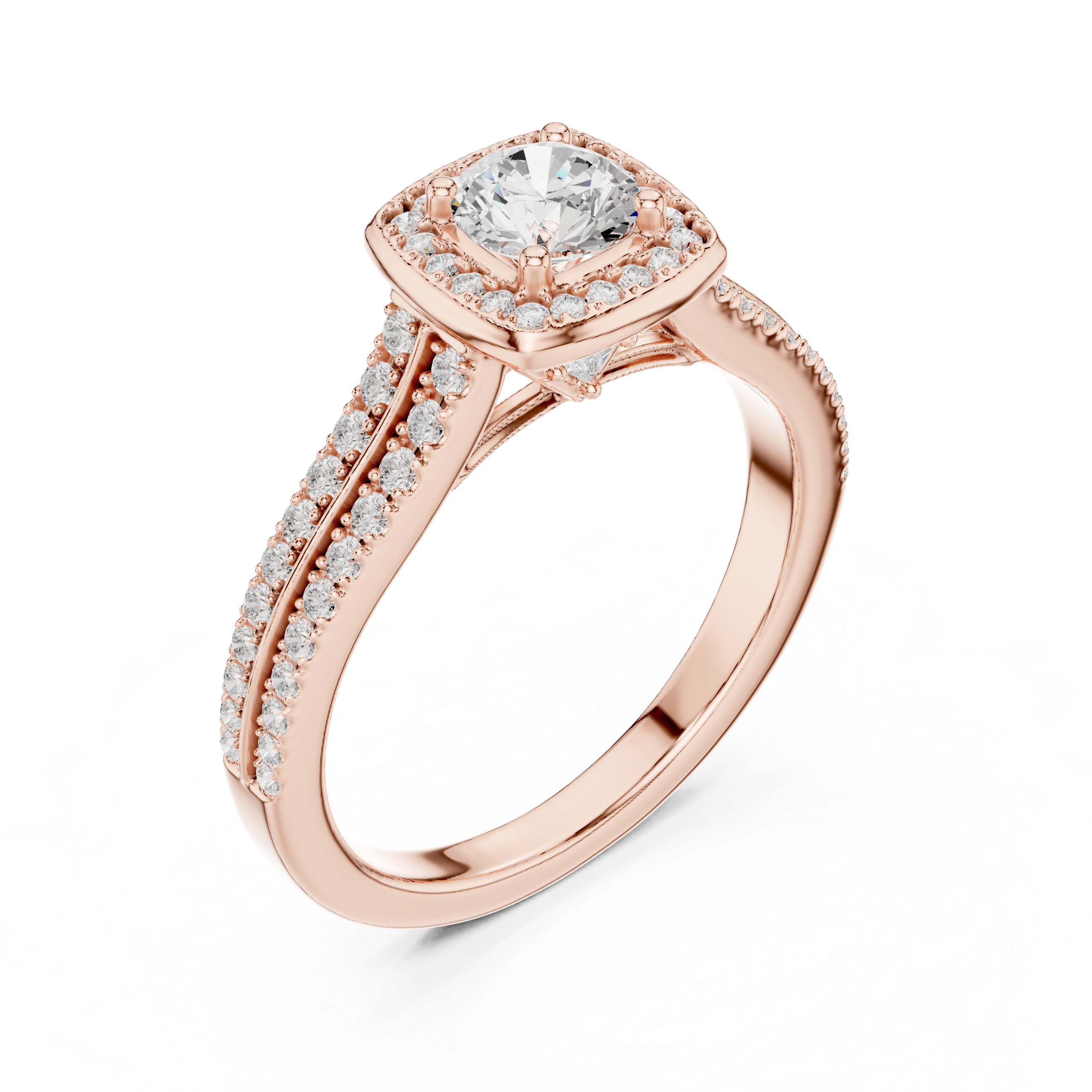 Cushion Halo Split Shank Engagement Ring – Double Row Pavé Diamond Bridal Ring