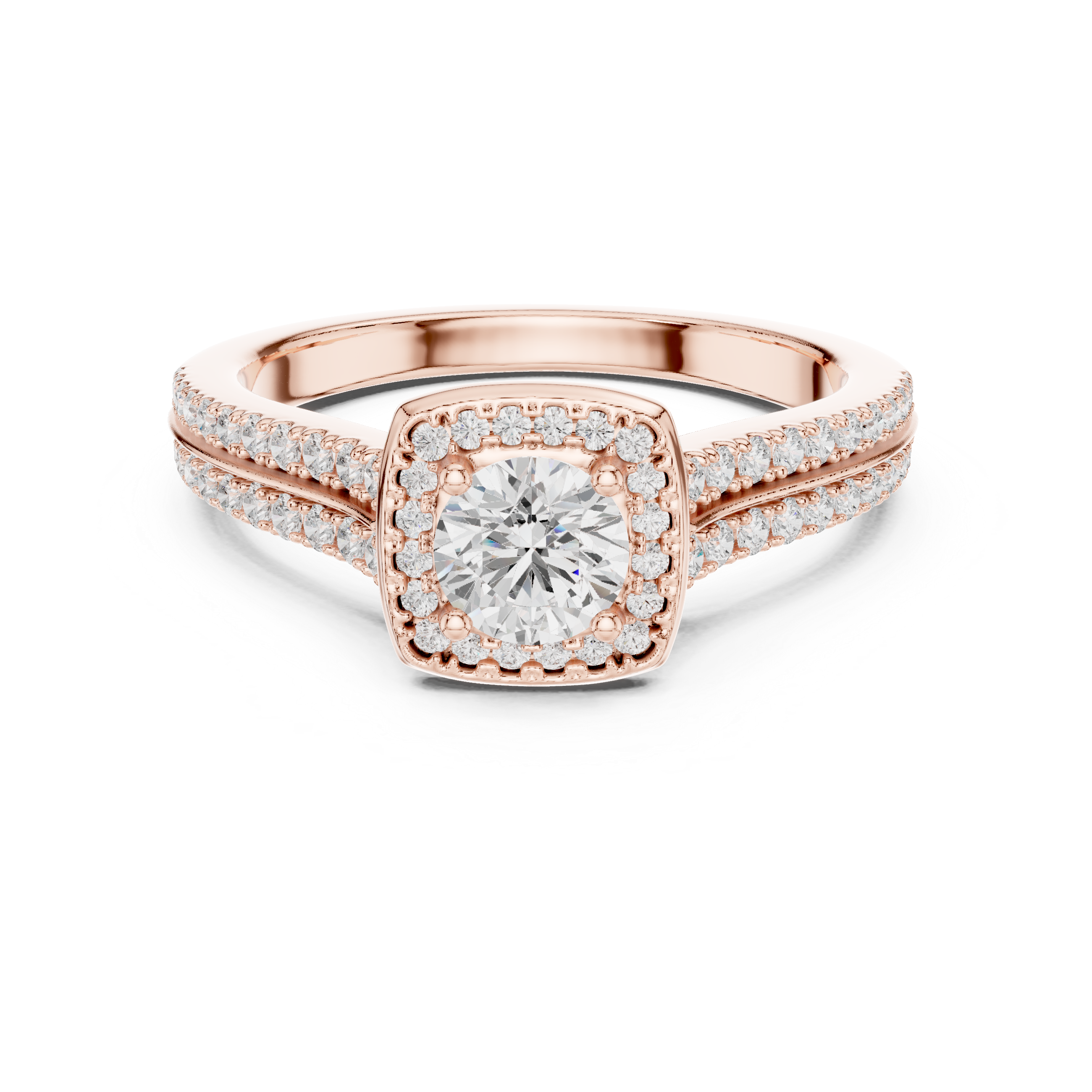 Cushion Halo Split Shank Engagement Ring – Double Row Pavé Diamond Bridal Ring