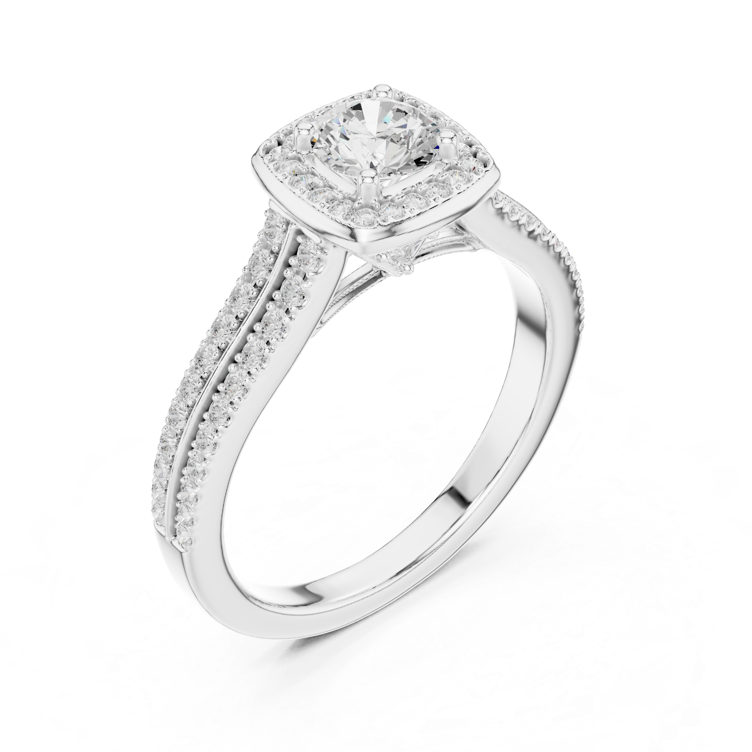Cushion Halo Split Shank Engagement Ring – Double Row Pavé Diamond Bridal Ring