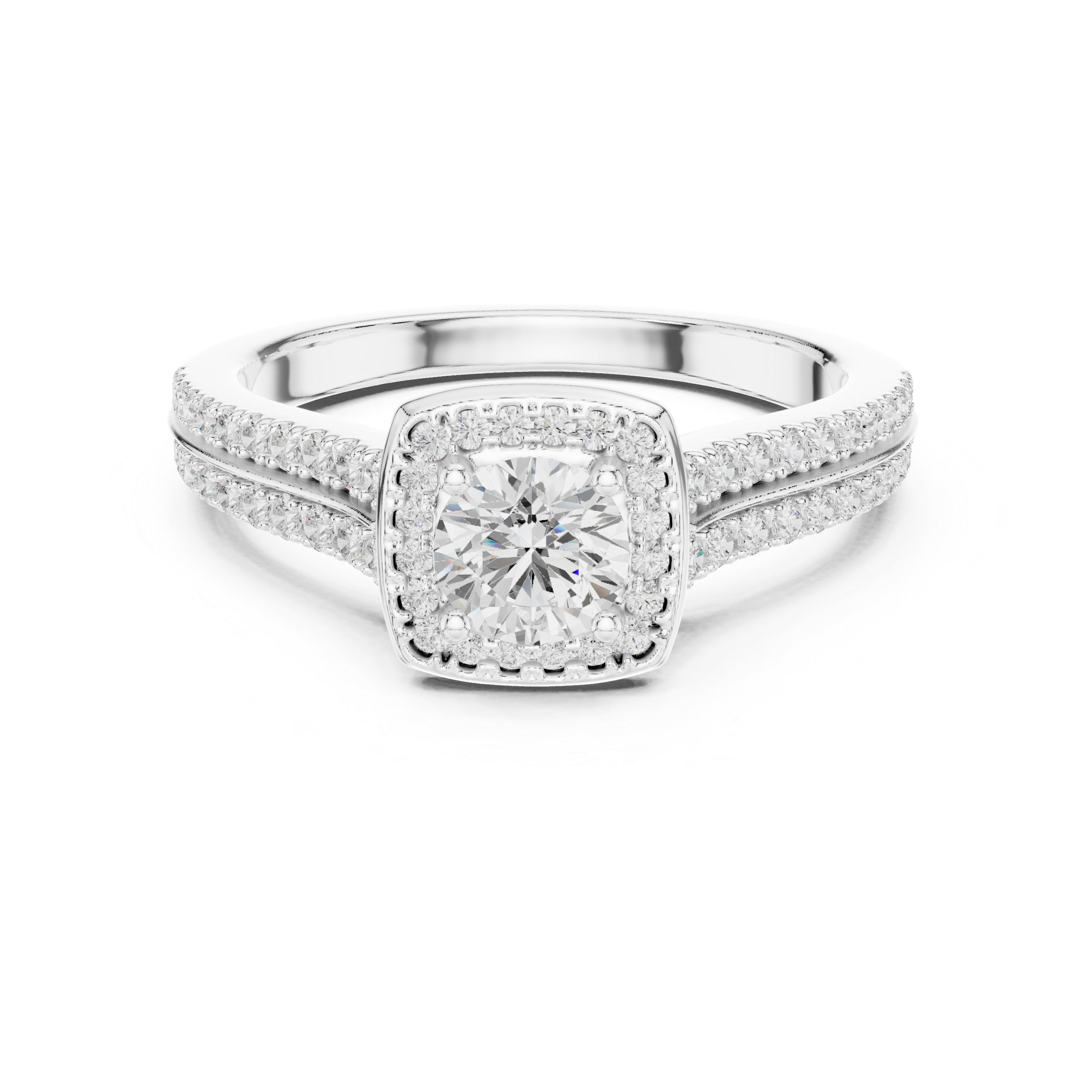Cushion Halo Split Shank Engagement Ring – Double Row Pavé Diamond Bridal Ring
