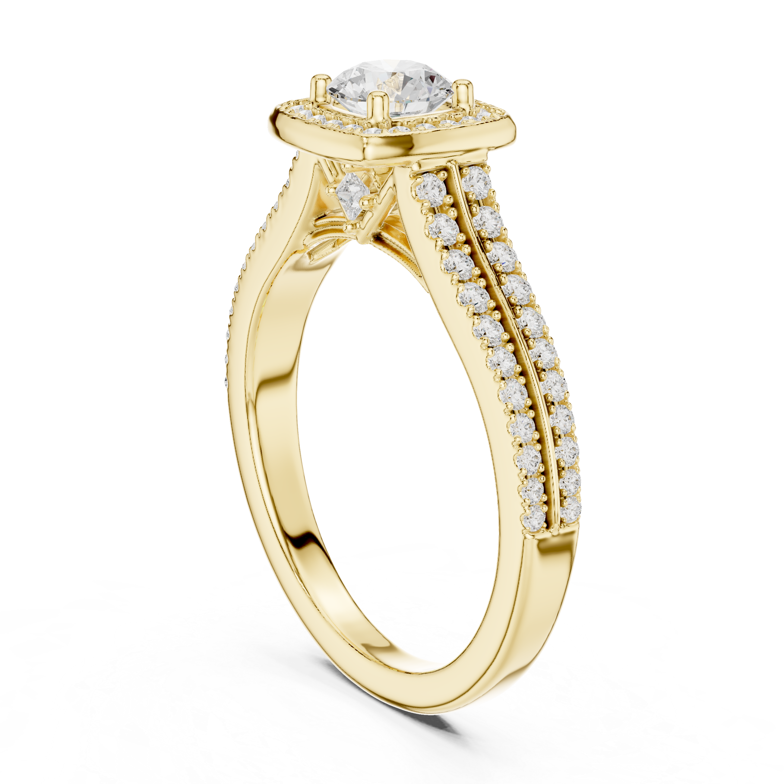 Cushion Halo Split Shank Engagement Ring – Double Row Pavé Diamond Bridal Ring