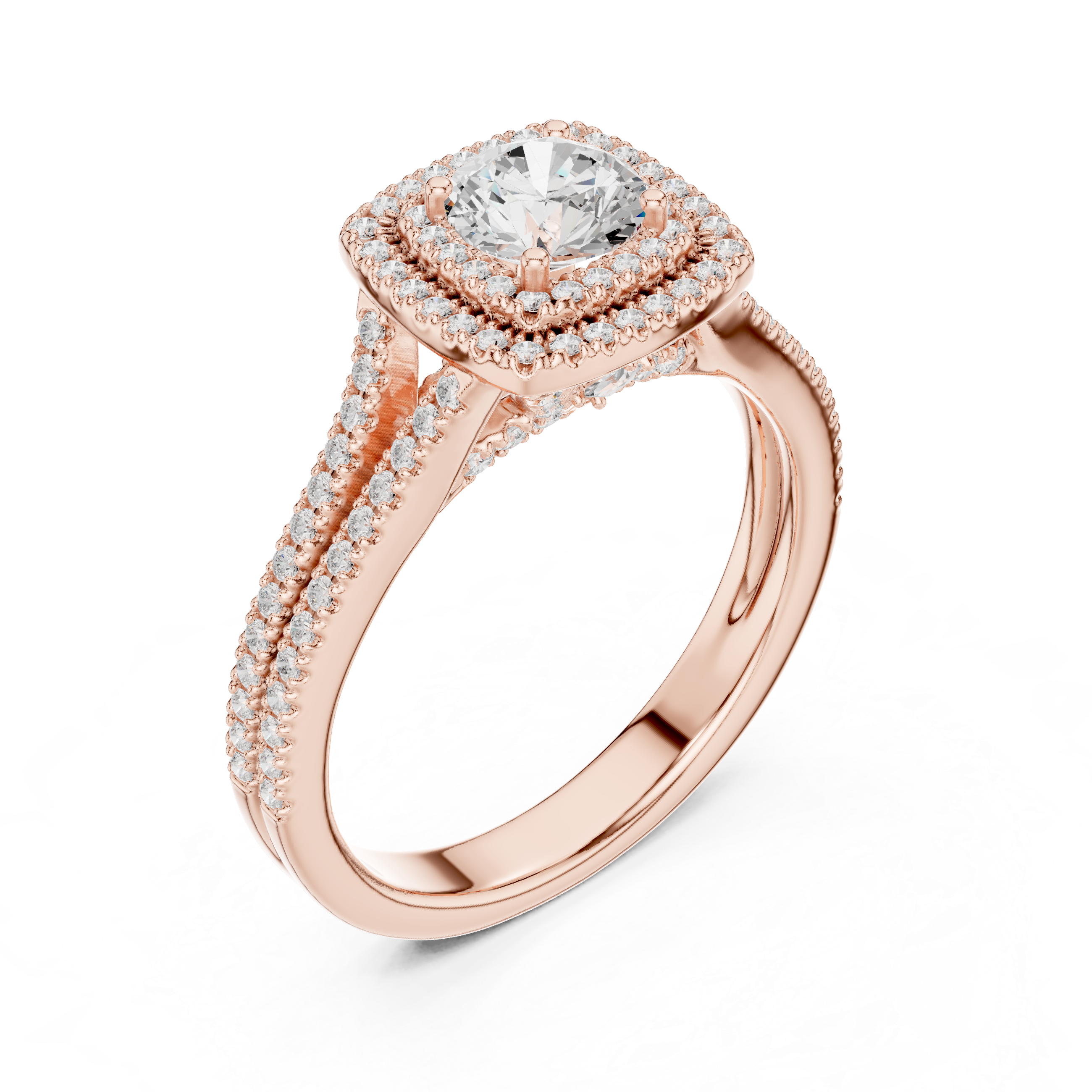 Square Double Halo Engagement Ring – Split Shank Diamond Bridal Ring