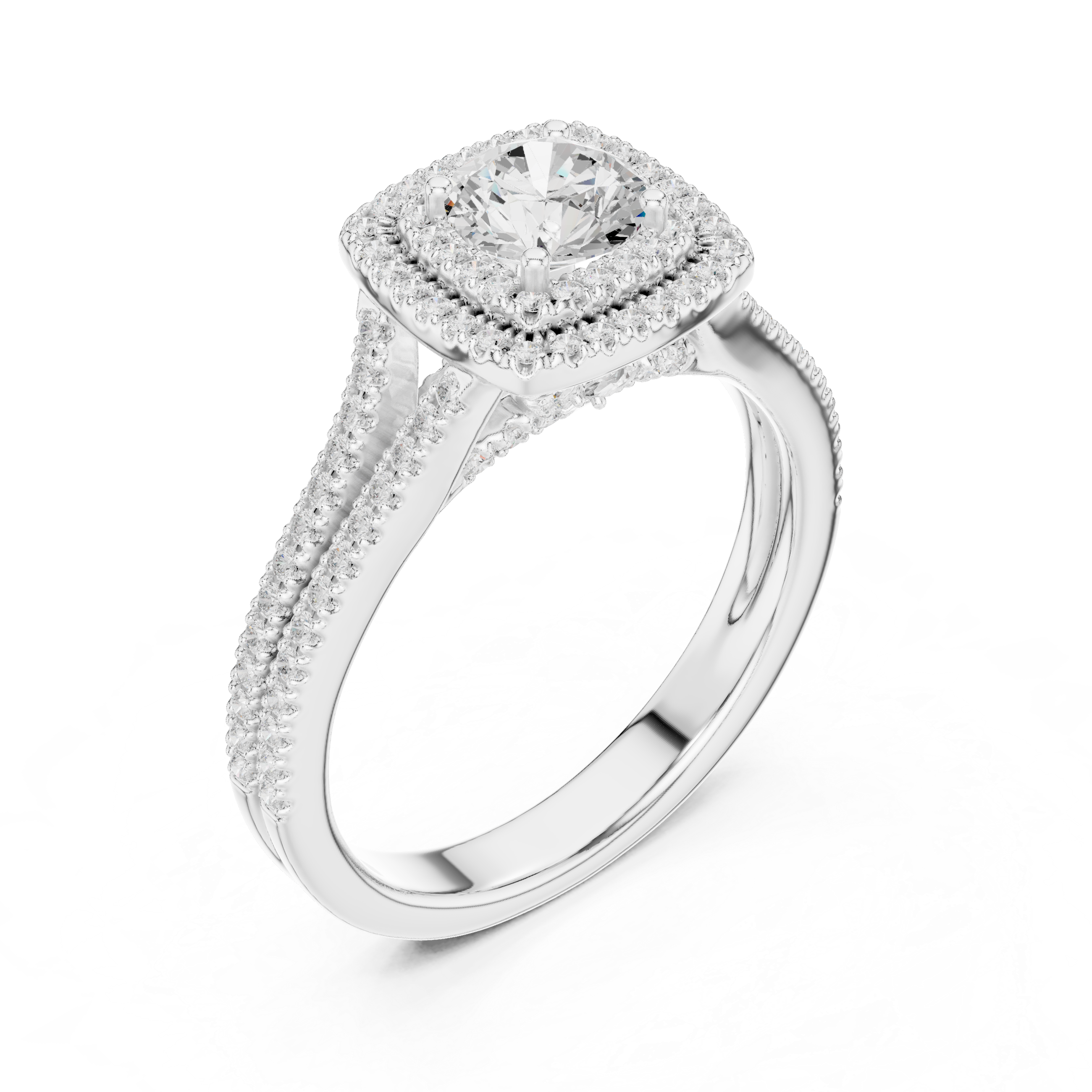 Square Double Halo Engagement Ring – Split Shank Diamond Bridal Ring