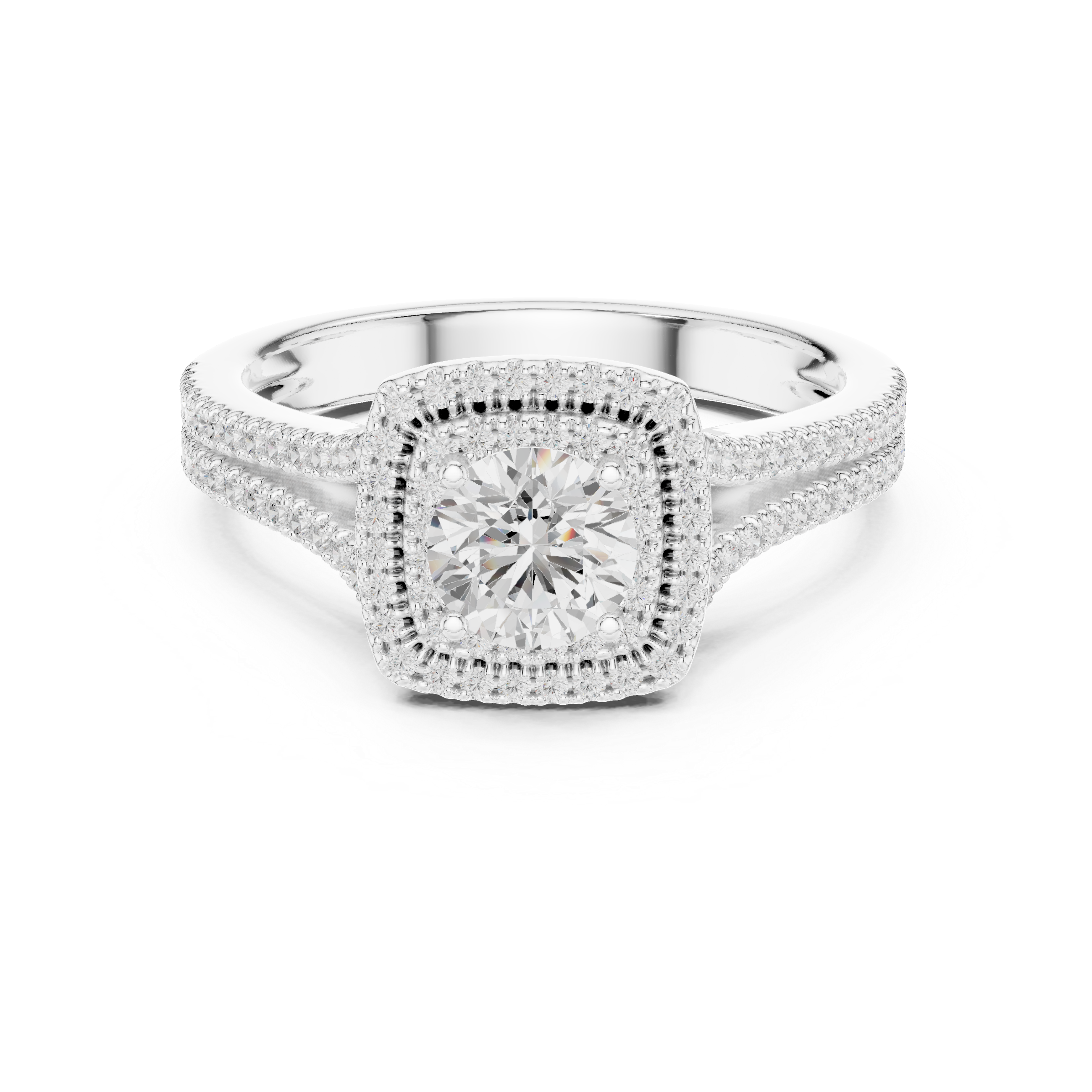 Square Double Halo Engagement Ring – Split Shank Diamond Bridal Ring