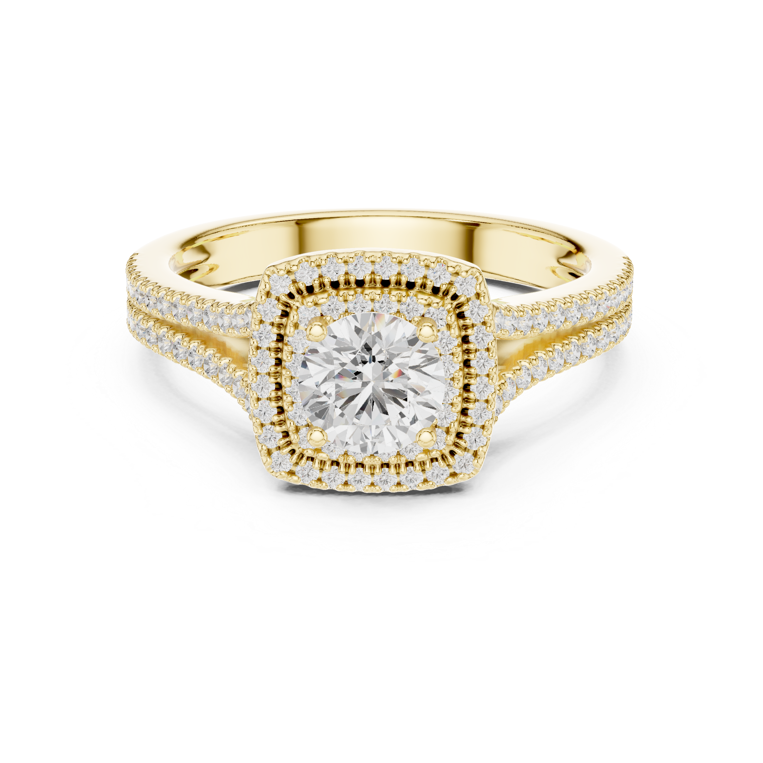 Square Double Halo Engagement Ring – Split Shank Diamond Bridal Ring