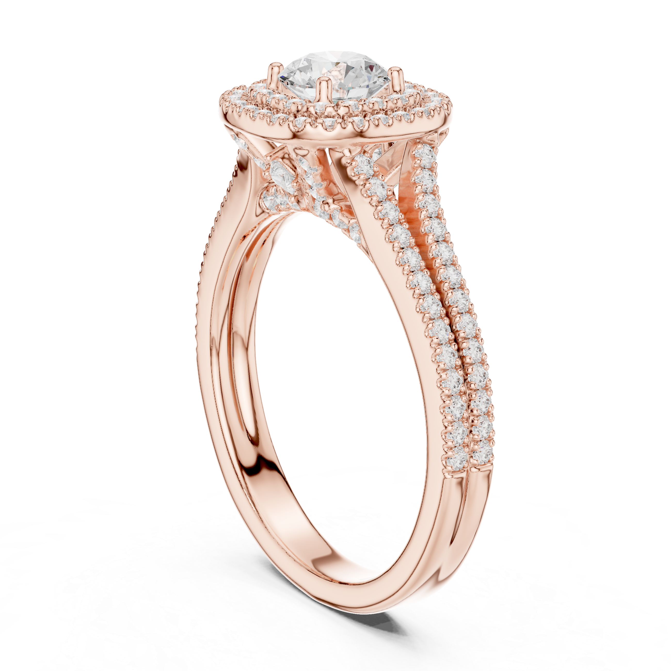 Split Shank Double Halo Engagement Ring – Round Cut Diamond Bridal Ring