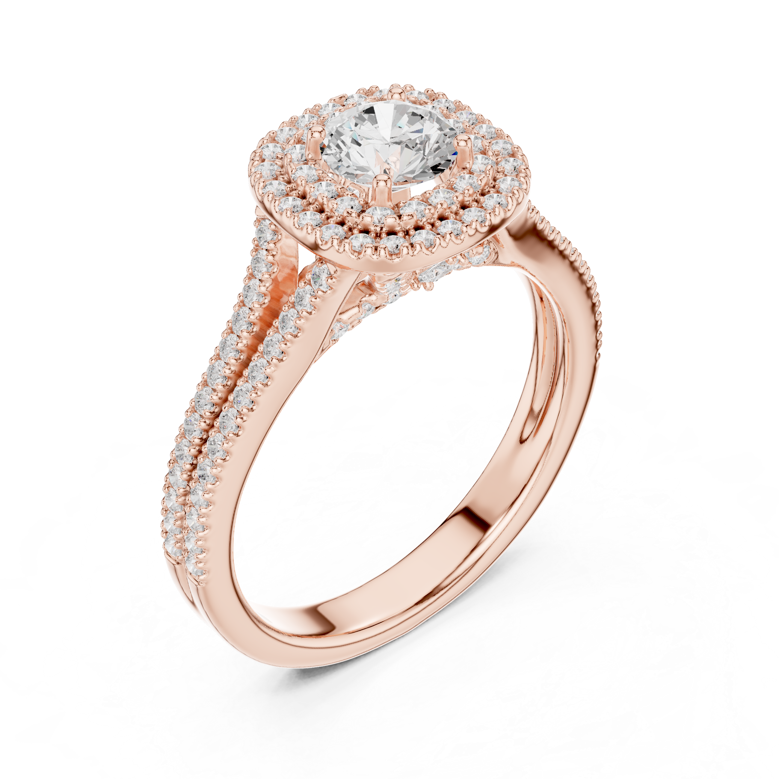 Split Shank Double Halo Engagement Ring – Round Cut Diamond Bridal Ring