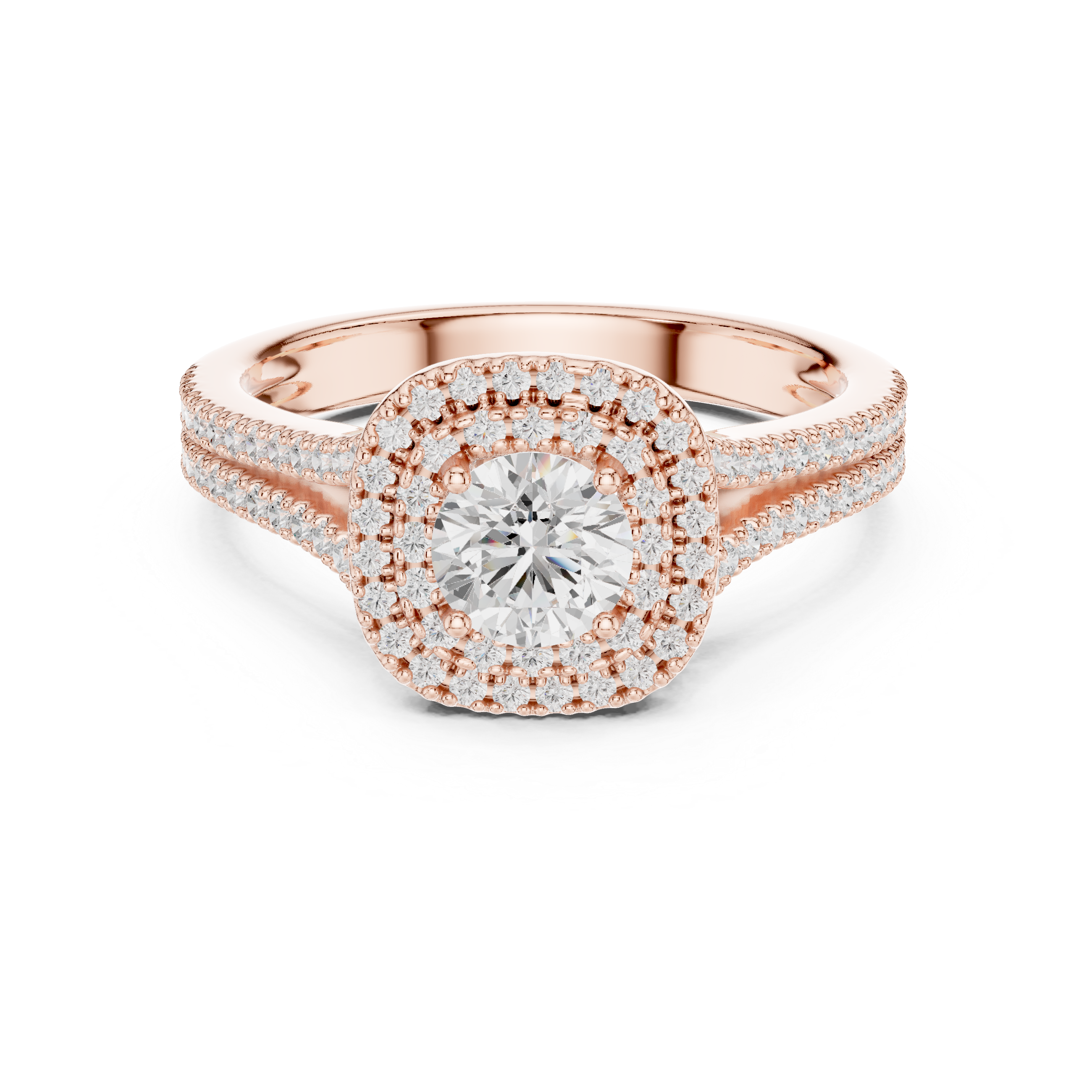 Split Shank Double Halo Engagement Ring – Round Cut Diamond Bridal Ring