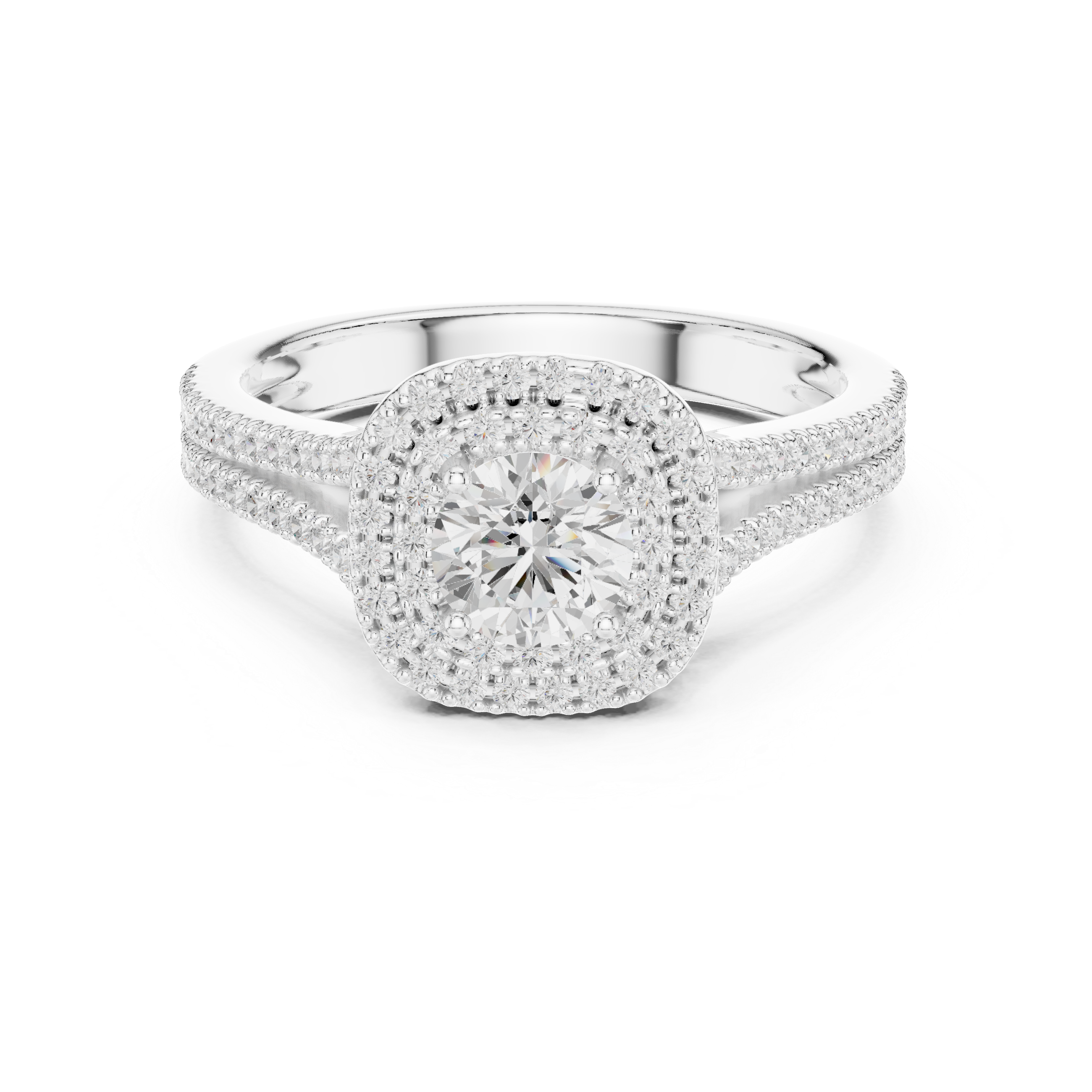 Split Shank Double Halo Engagement Ring – Round Cut Diamond Bridal Ring