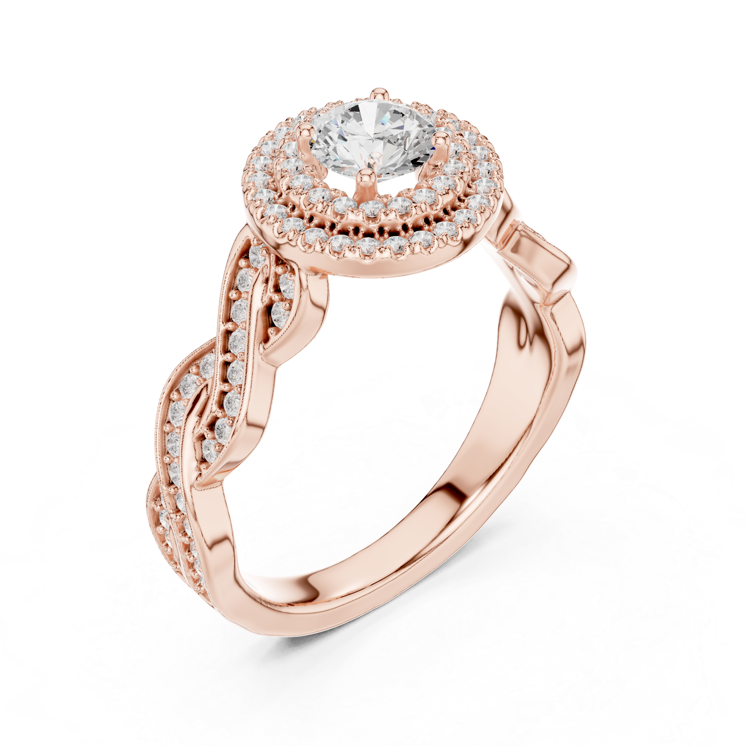 Double Halo Twisted Engagement Ring – Round Diamond Vintage Bridal Ring
