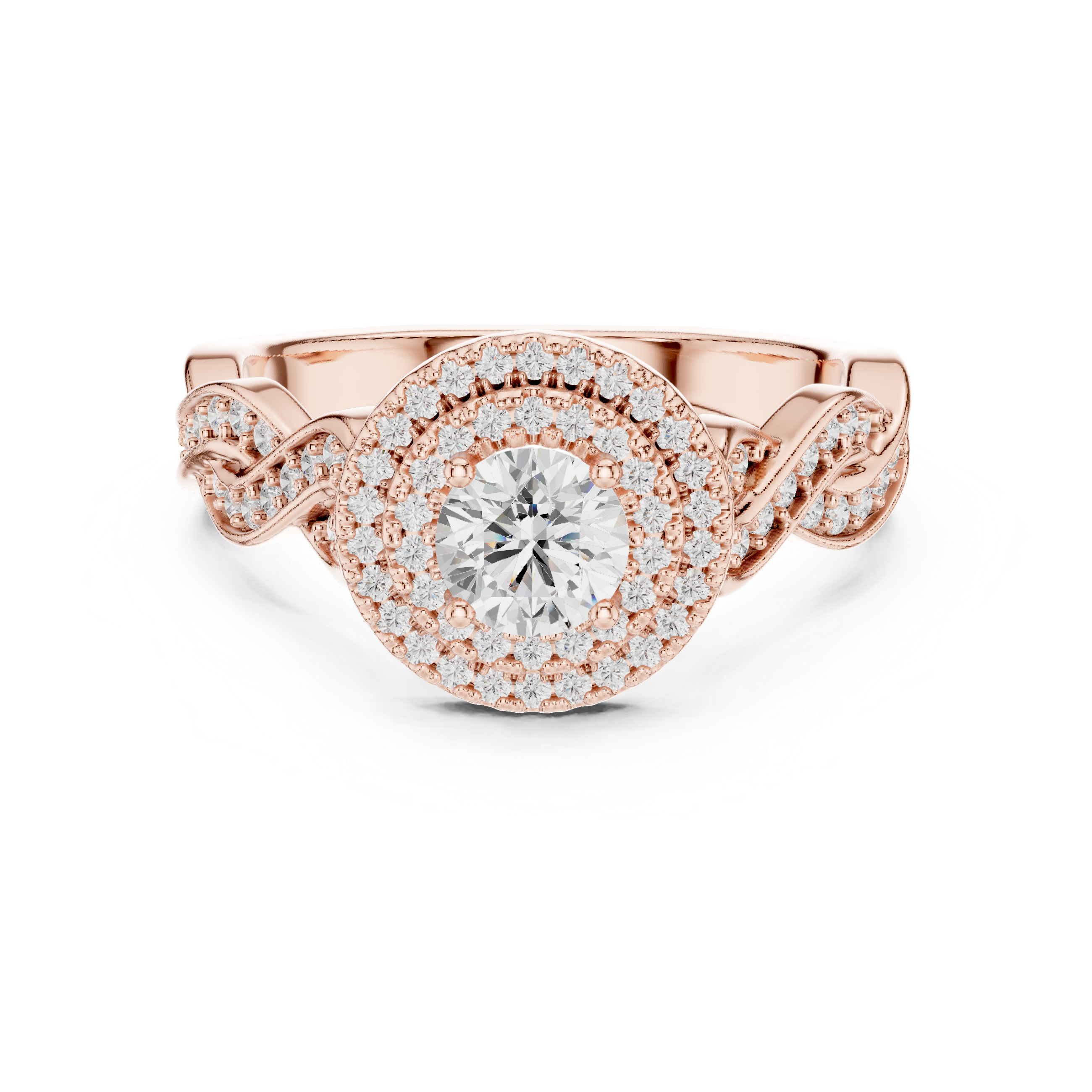 Double Halo Twisted Engagement Ring – Round Diamond Vintage Bridal Ring