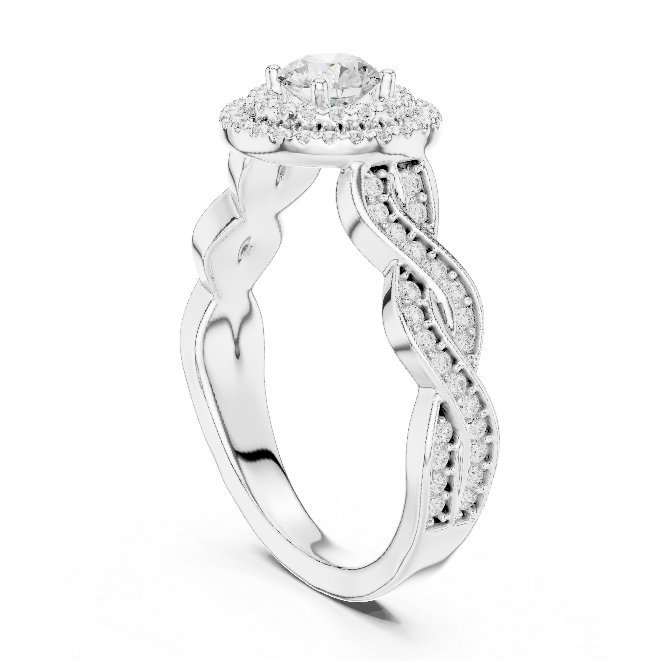 Double Halo Twisted Engagement Ring – Round Diamond Vintage Bridal Ring