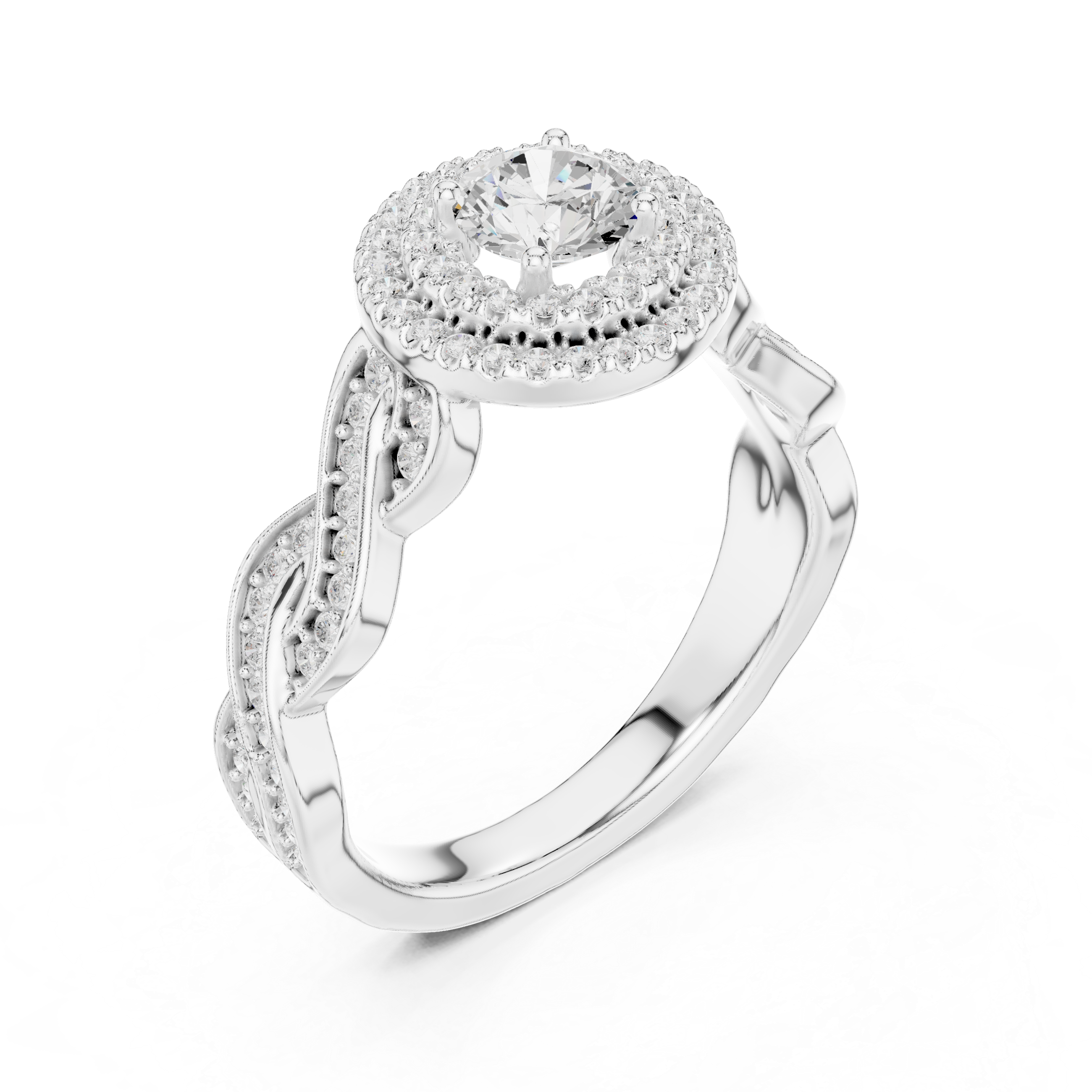 Double Halo Twisted Engagement Ring – Round Diamond Vintage Bridal Ring