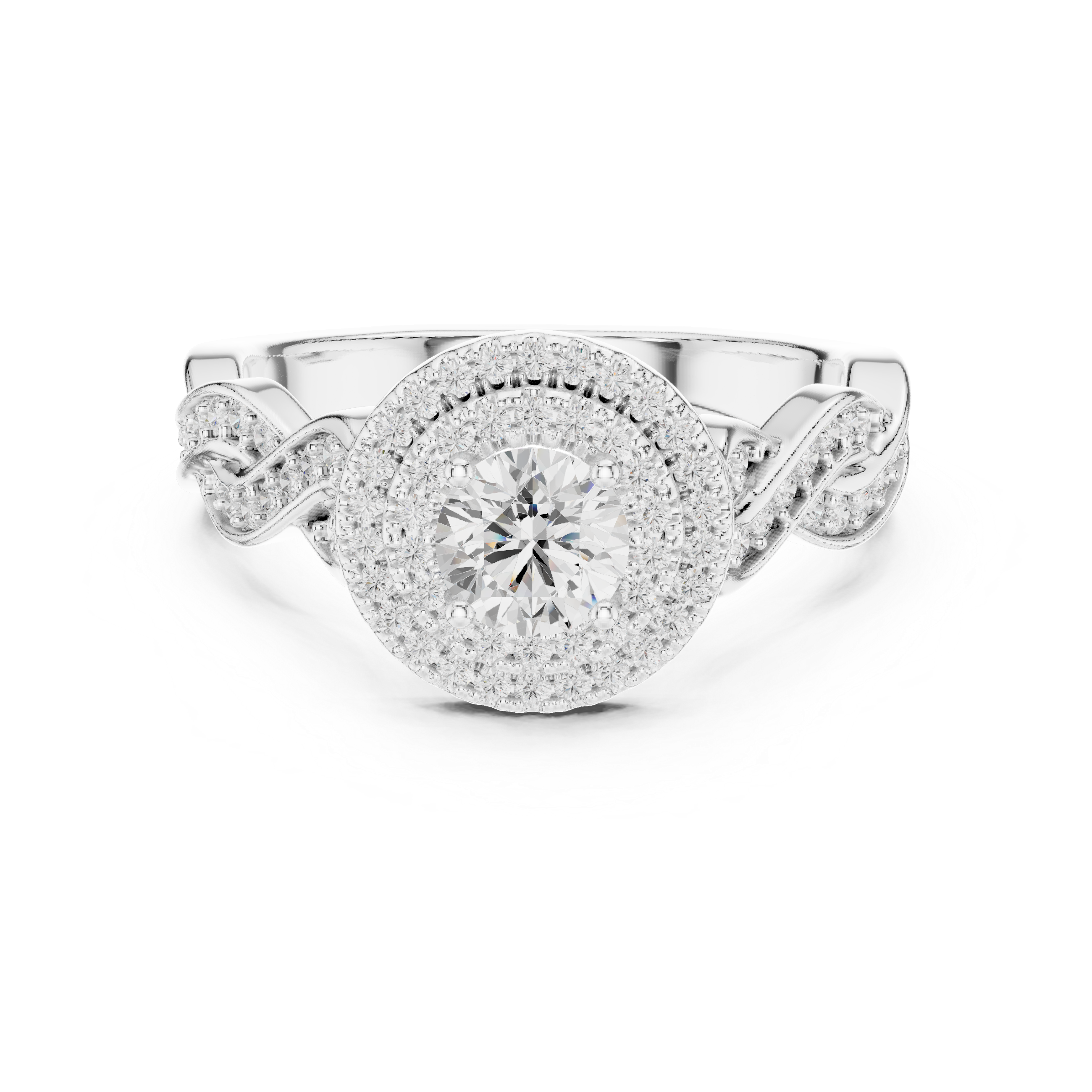 Double Halo Twisted Engagement Ring – Round Diamond Vintage Bridal Ring