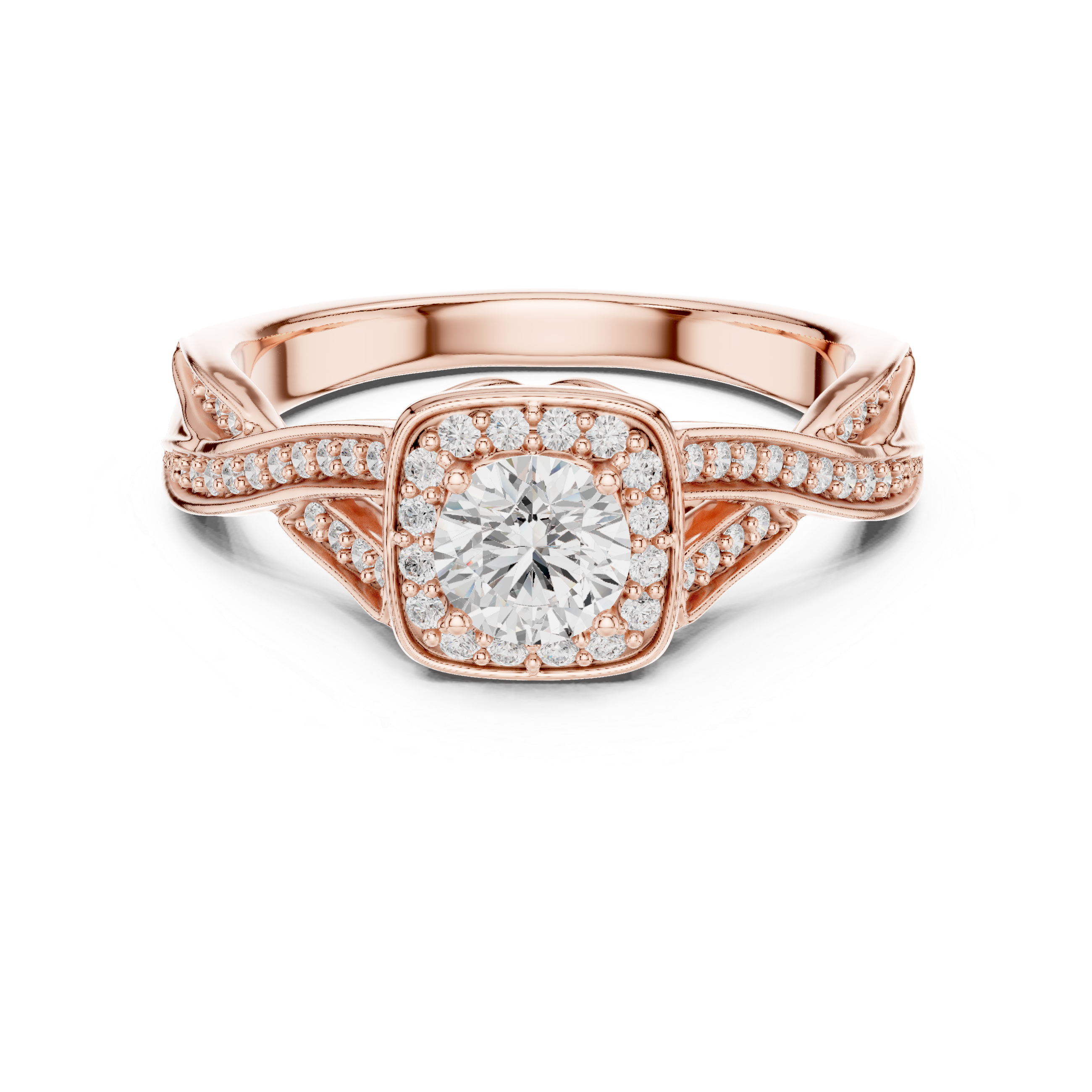 Twisted Cushion Halo Engagement Ring – Round Diamond Split Shank Bridal Ring