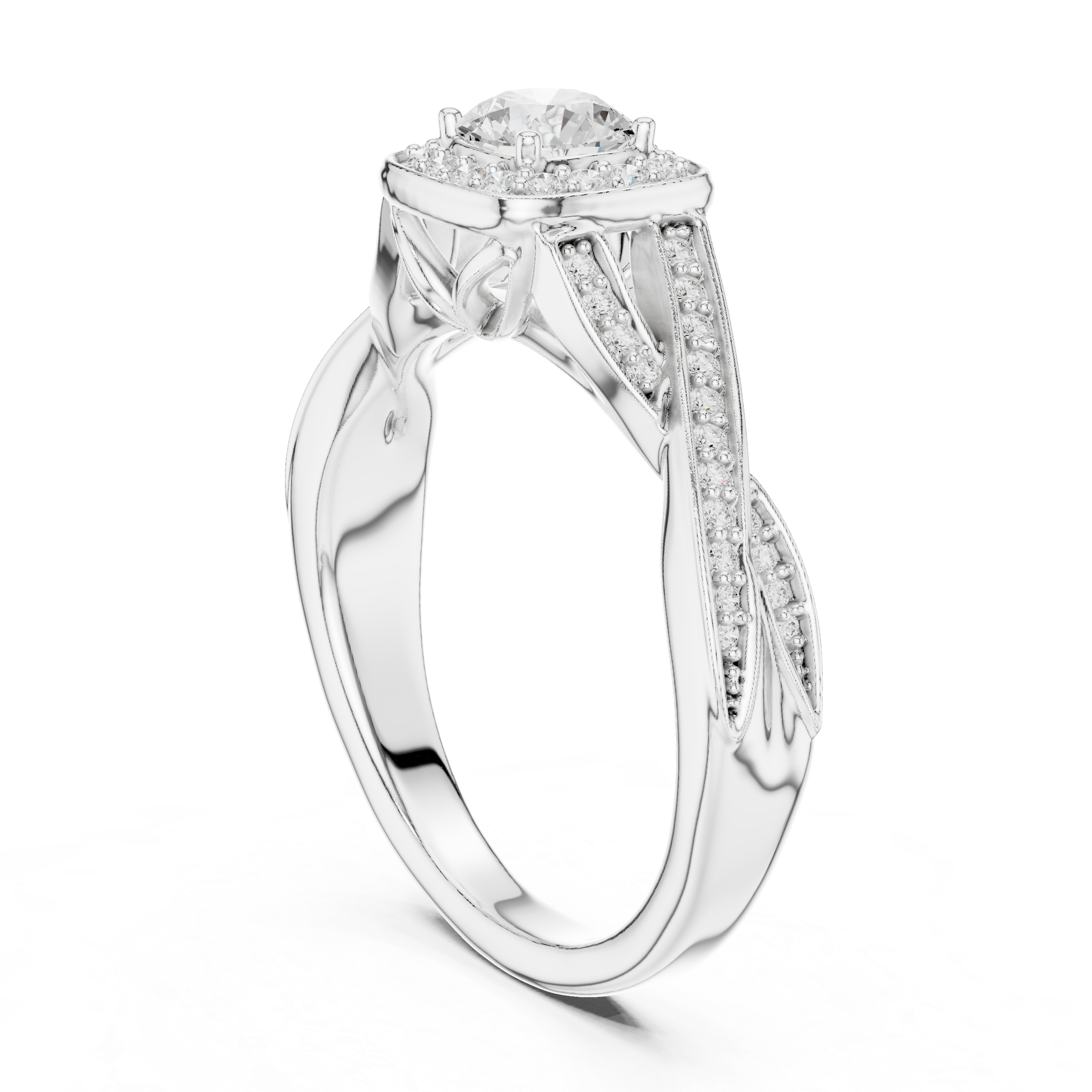 Twisted Cushion Halo Engagement Ring – Round Diamond Split Shank Bridal Ring
