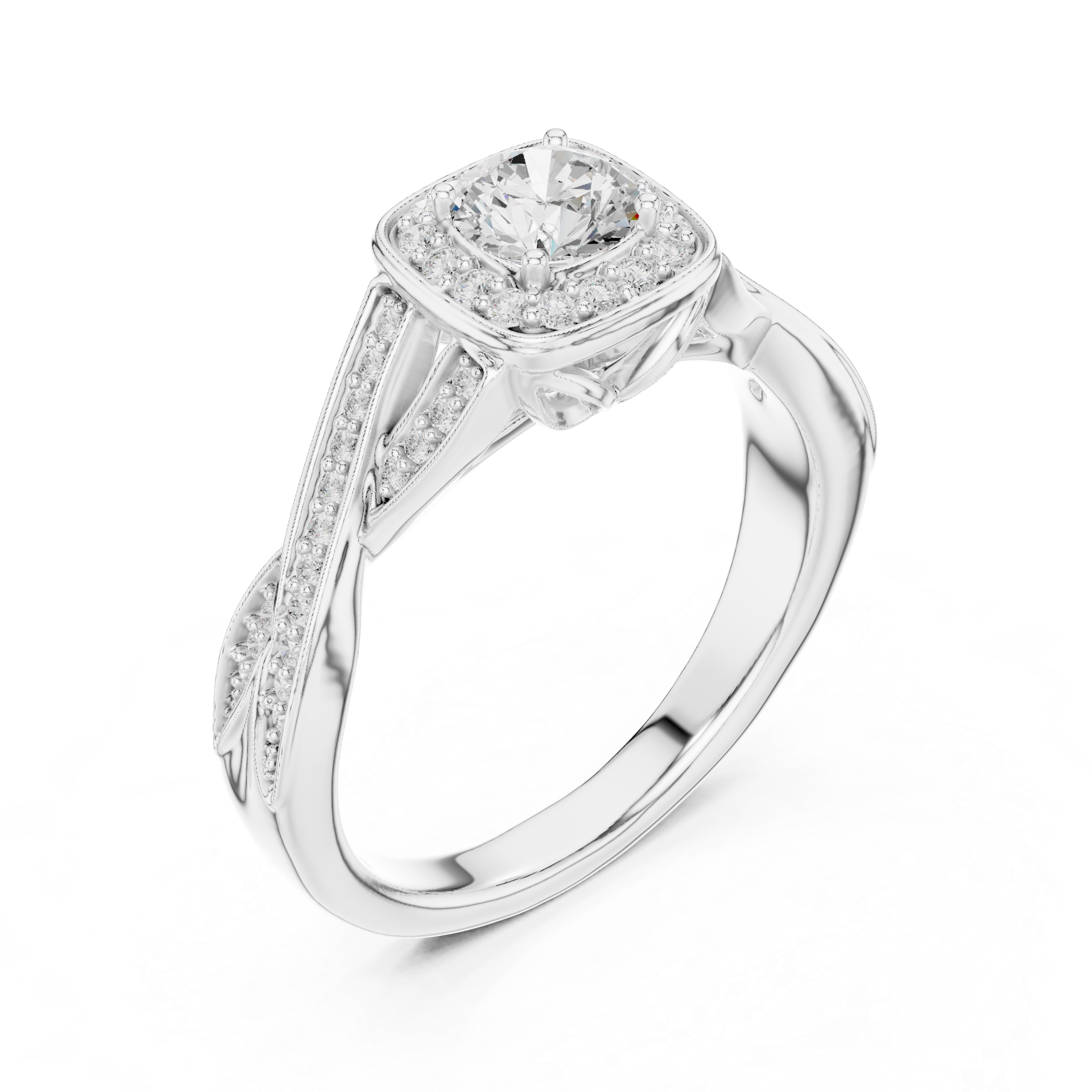 Twisted Cushion Halo Engagement Ring – Round Diamond Split Shank Bridal Ring