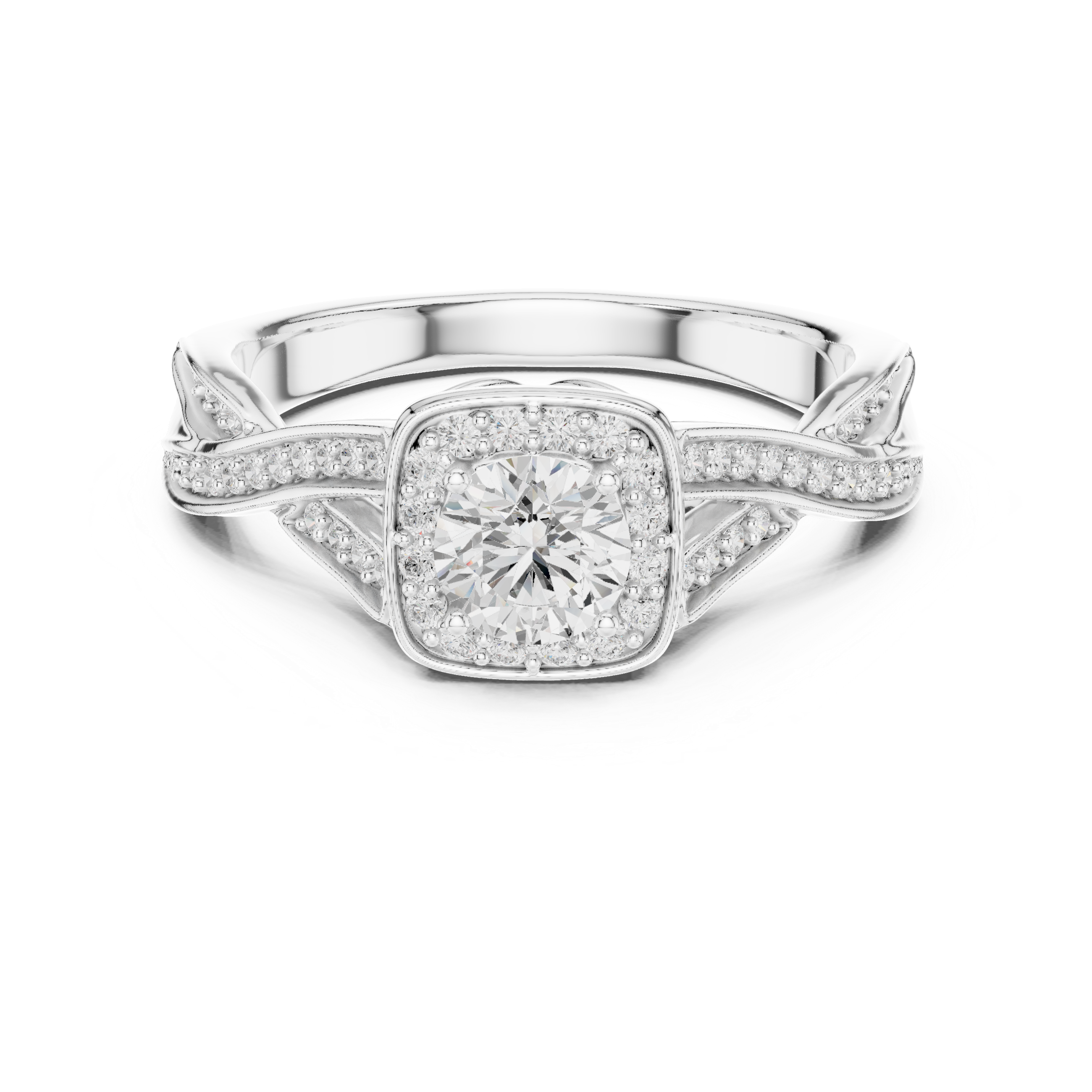 Twisted Cushion Halo Engagement Ring – Round Diamond Split Shank Bridal Ring