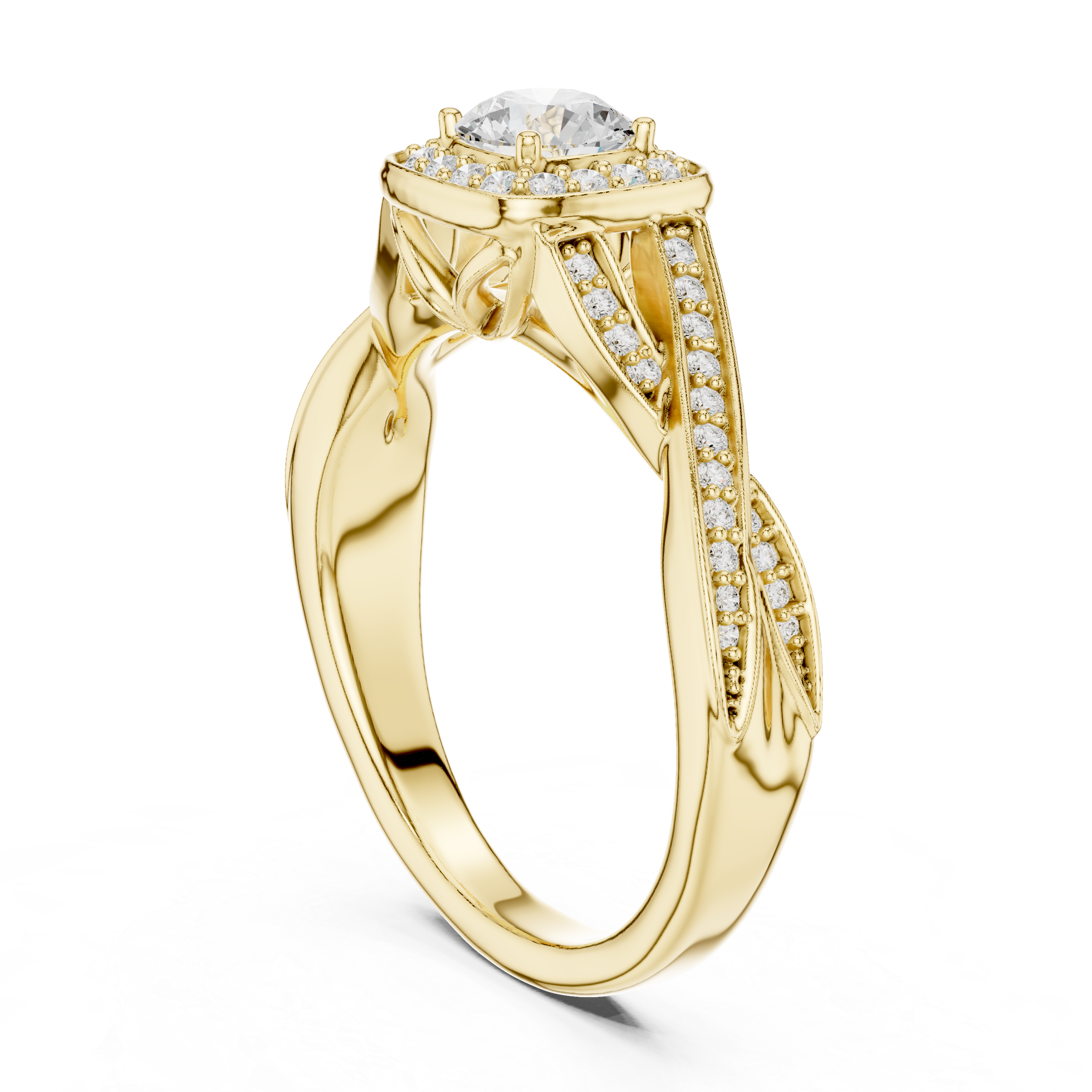 Twisted Cushion Halo Engagement Ring – Round Diamond Split Shank Bridal Ring