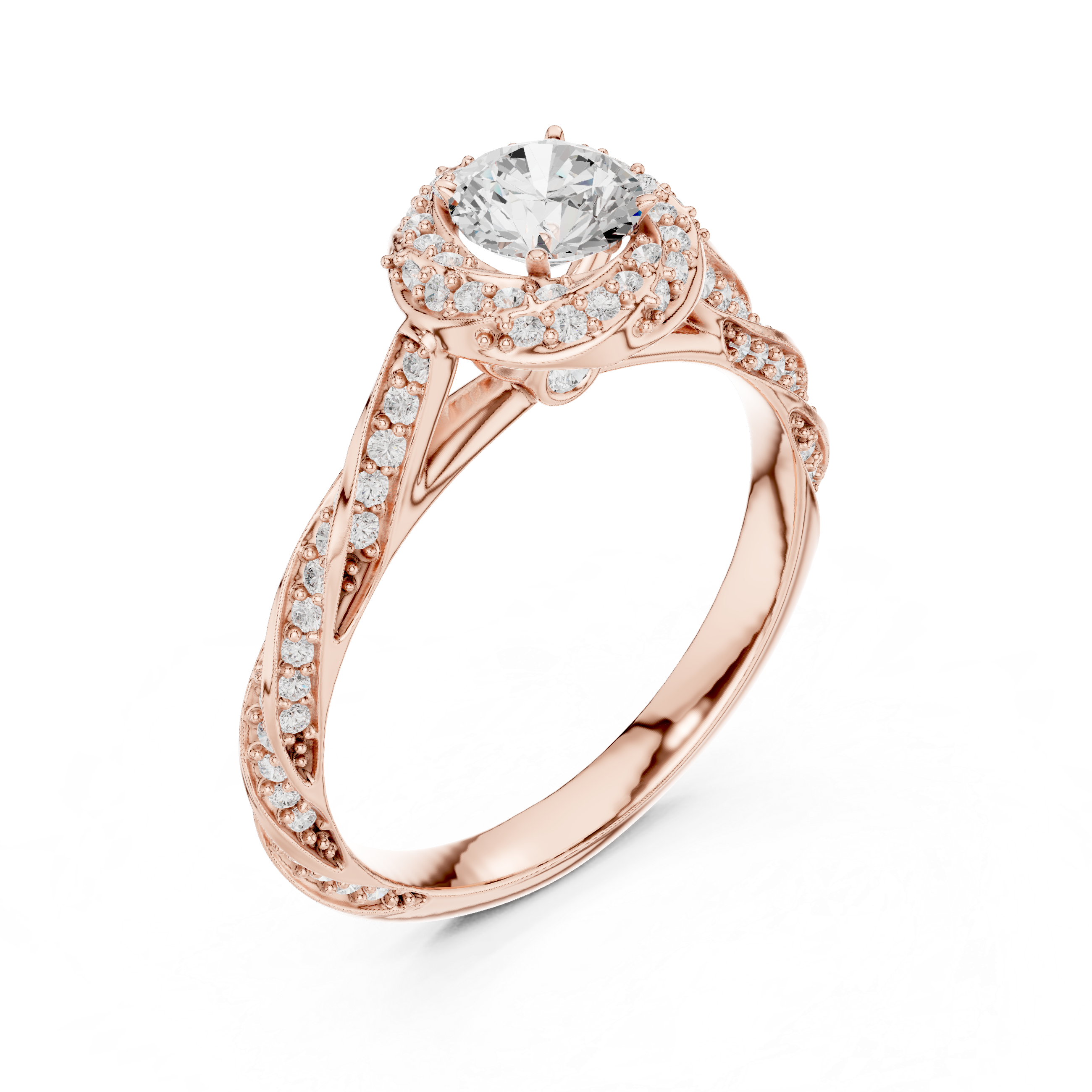 Twisted Halo Diamond Engagement Ring – Round Cut Split Shank Bridal Ring