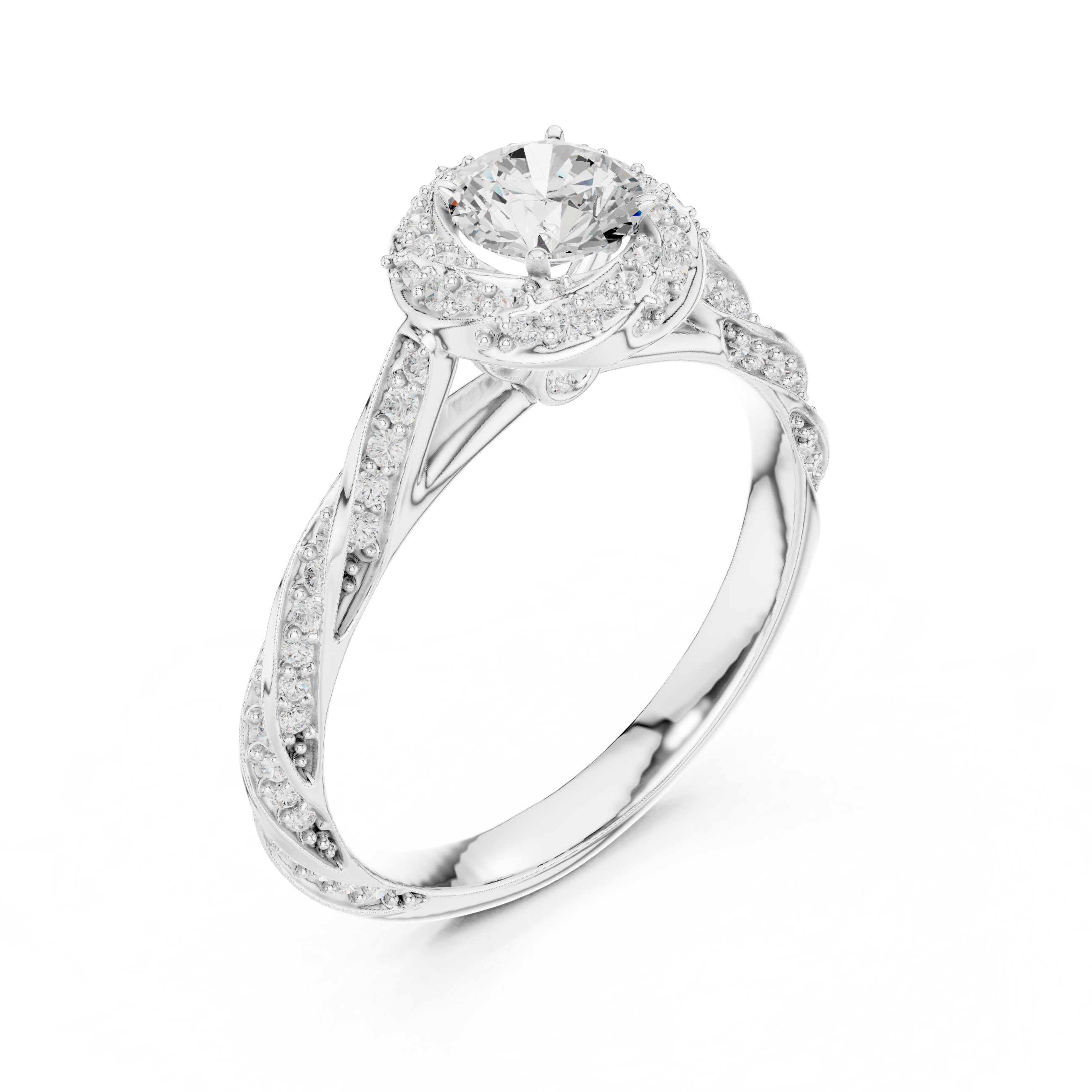 Twisted Halo Diamond Engagement Ring – Round Cut Split Shank Bridal Ring