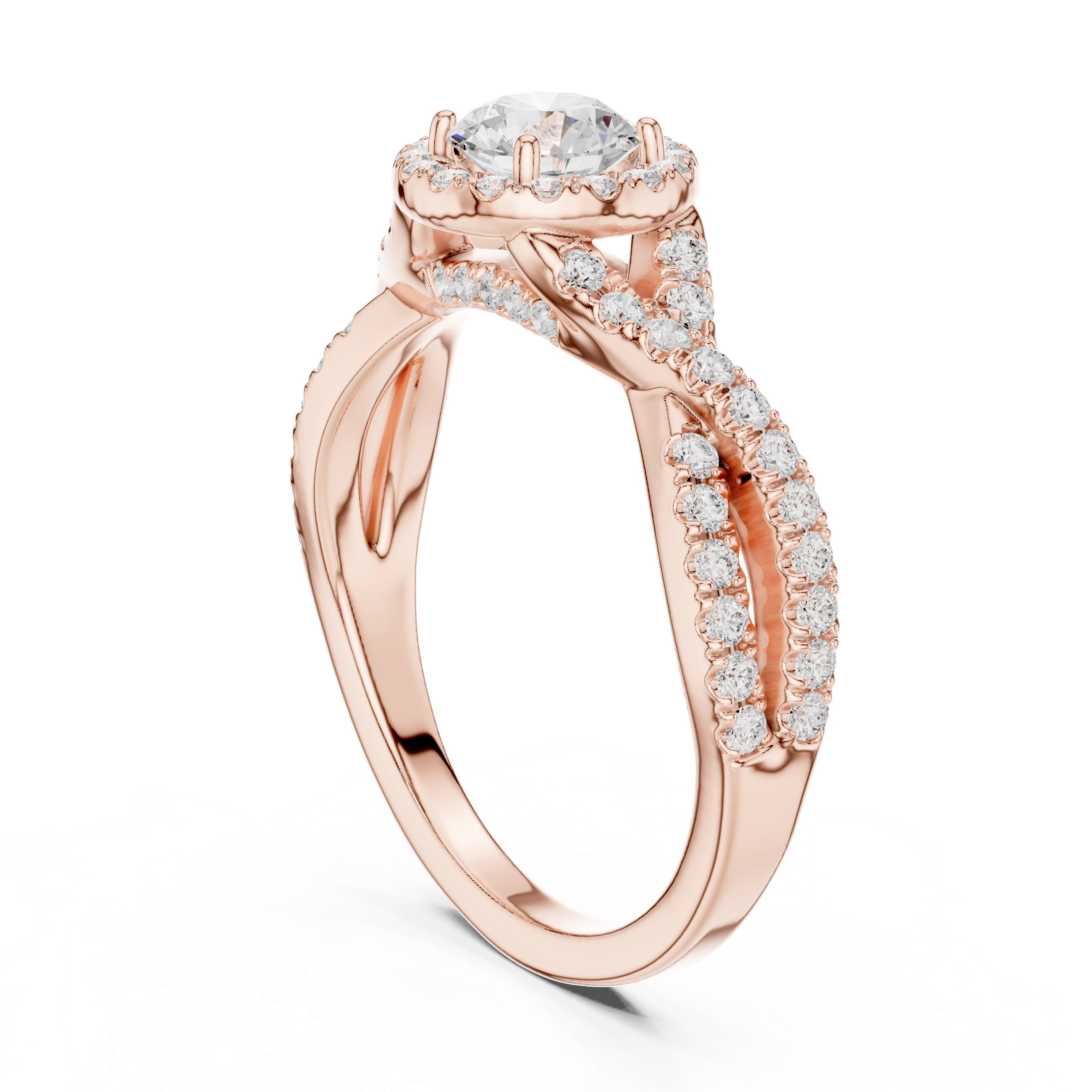 Twisted Split Shank Halo Engagement Ring – Round Diamond Bridal Ring