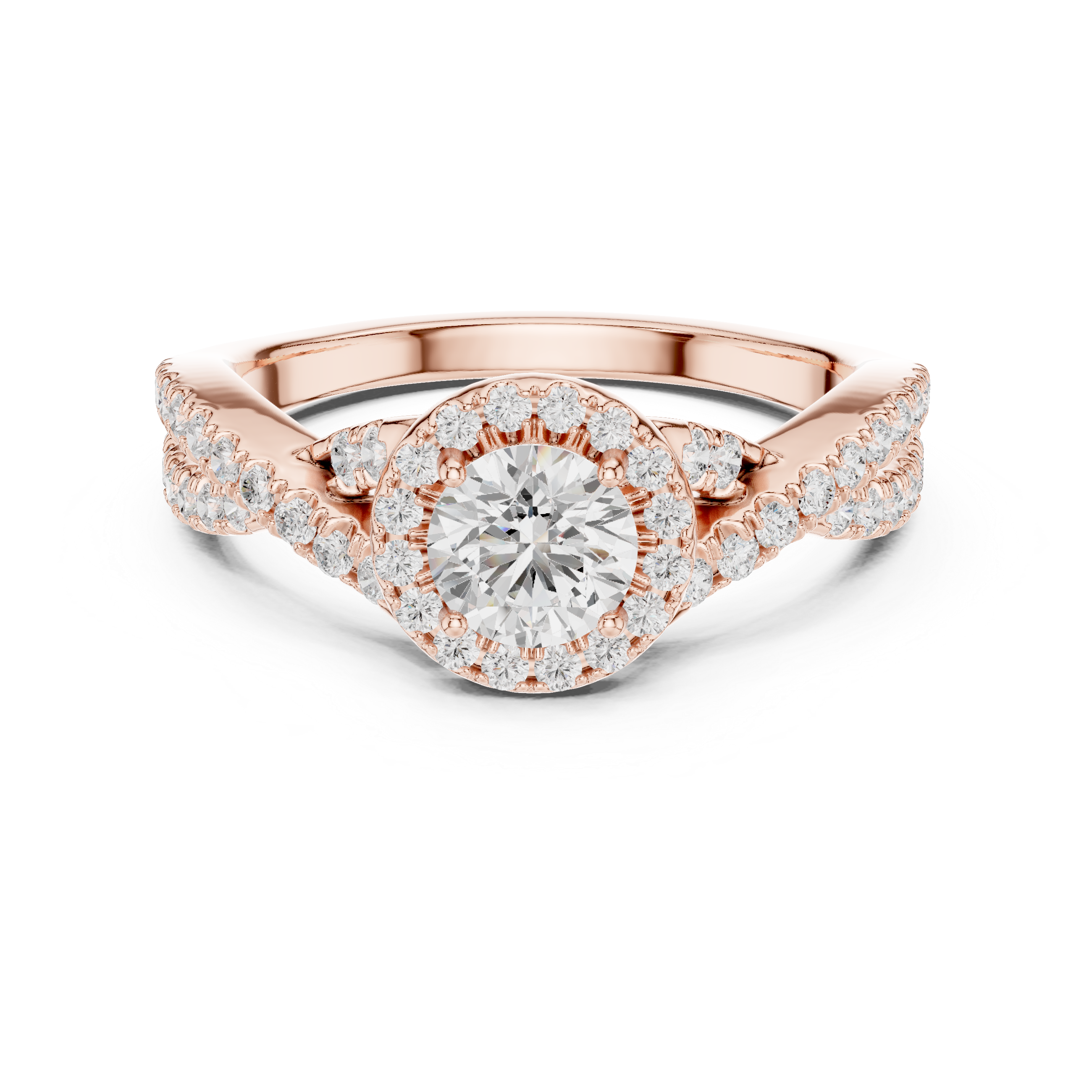 Twisted Split Shank Halo Engagement Ring – Round Diamond Bridal Ring