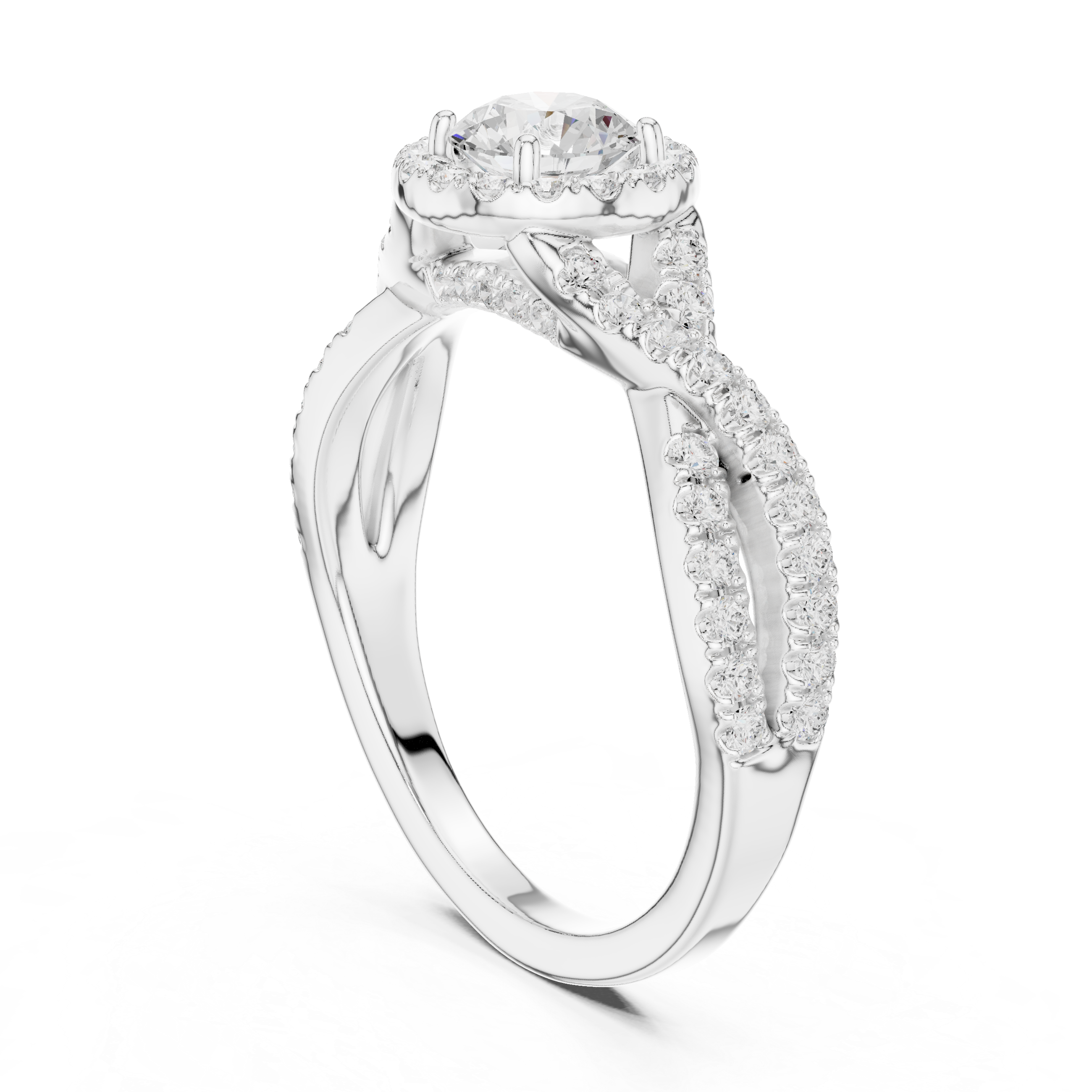 Twisted Split Shank Halo Engagement Ring – Round Diamond Bridal Ring
