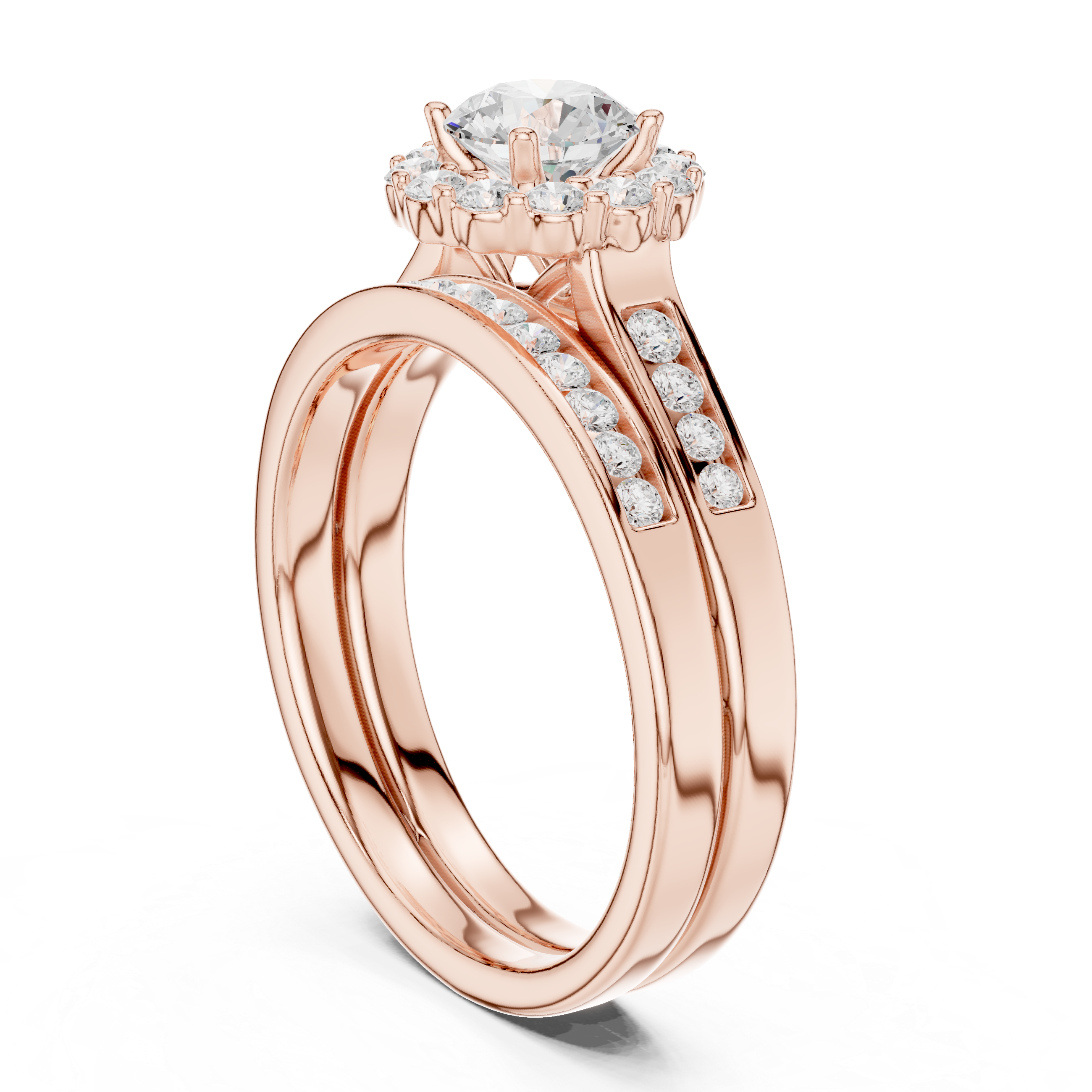 Round Halo Engagement Ring Set – Double Band Diamond Bridal Ring