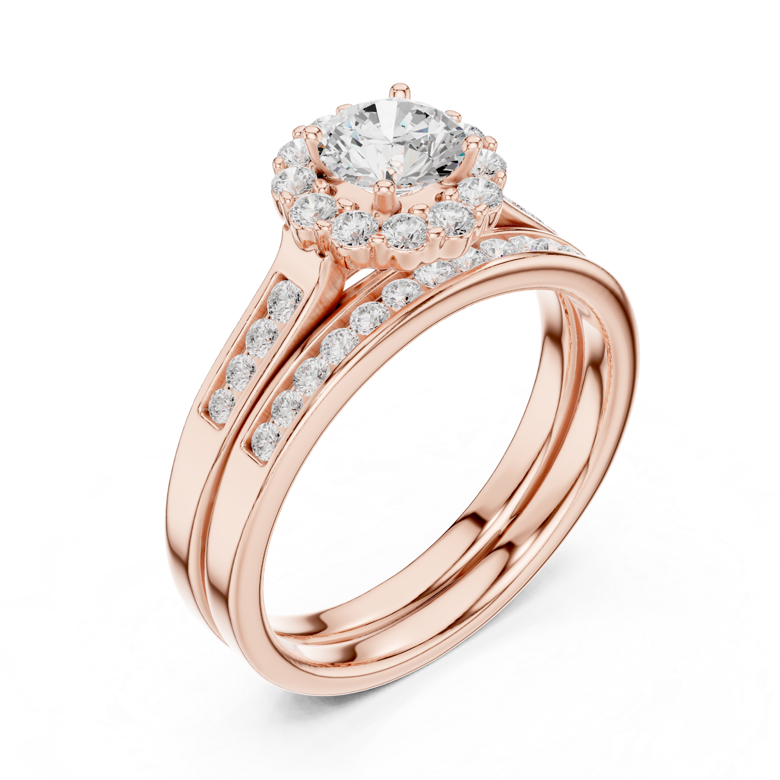 Round Halo Engagement Ring Set – Double Band Diamond Bridal Ring