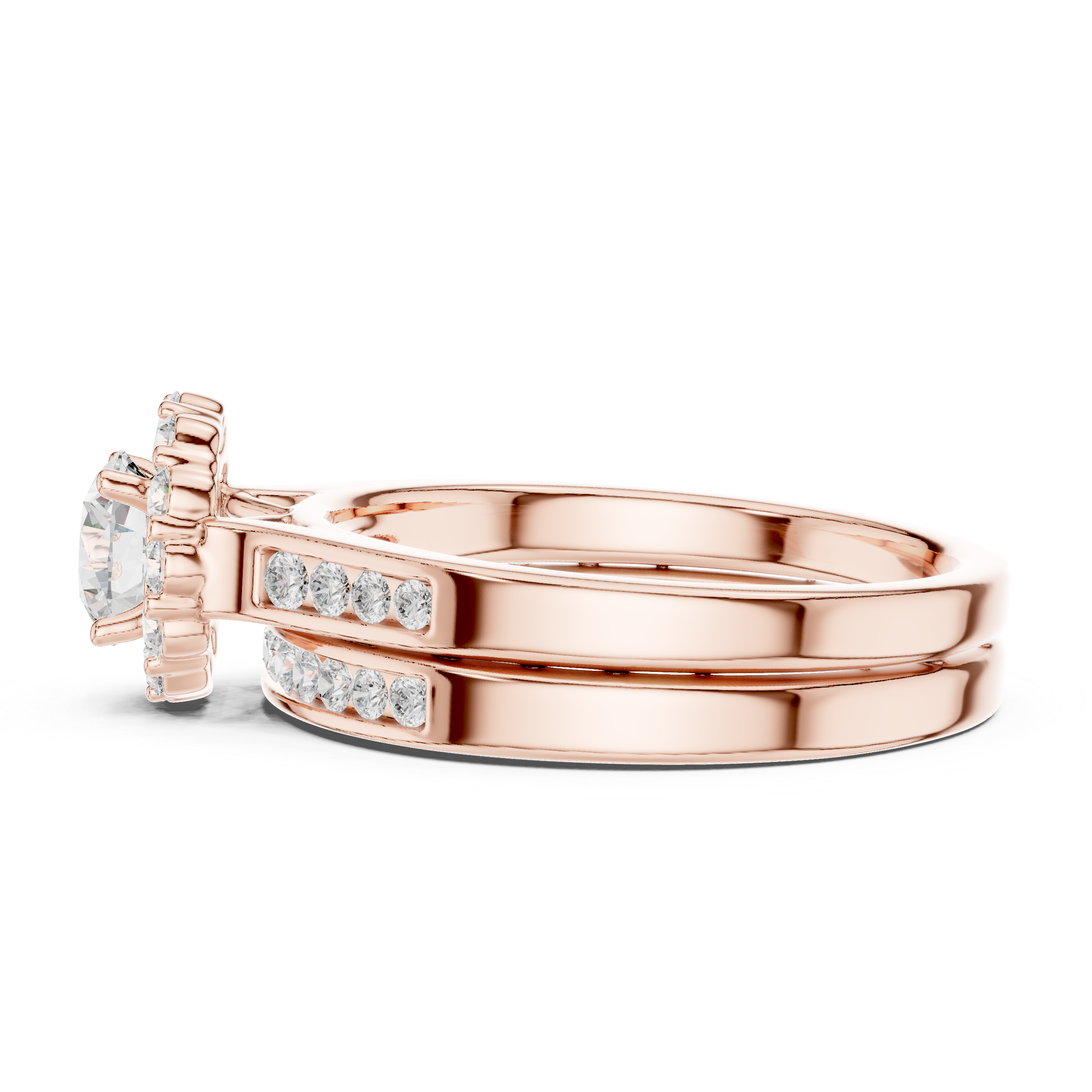 Round Halo Engagement Ring Set – Double Band Diamond Bridal Ring
