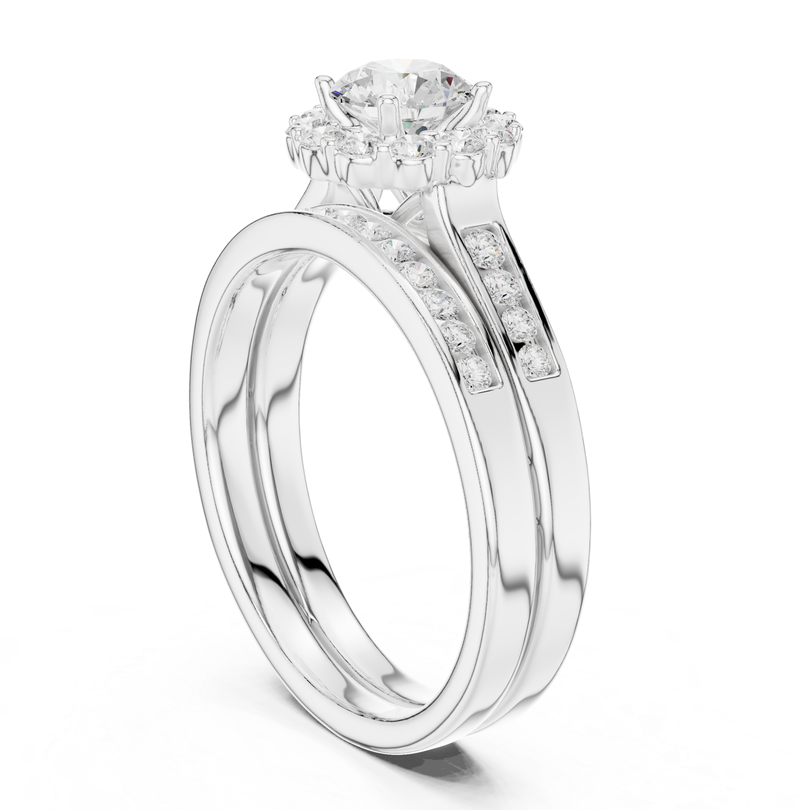 Round Halo Engagement Ring Set – Double Band Diamond Bridal Ring