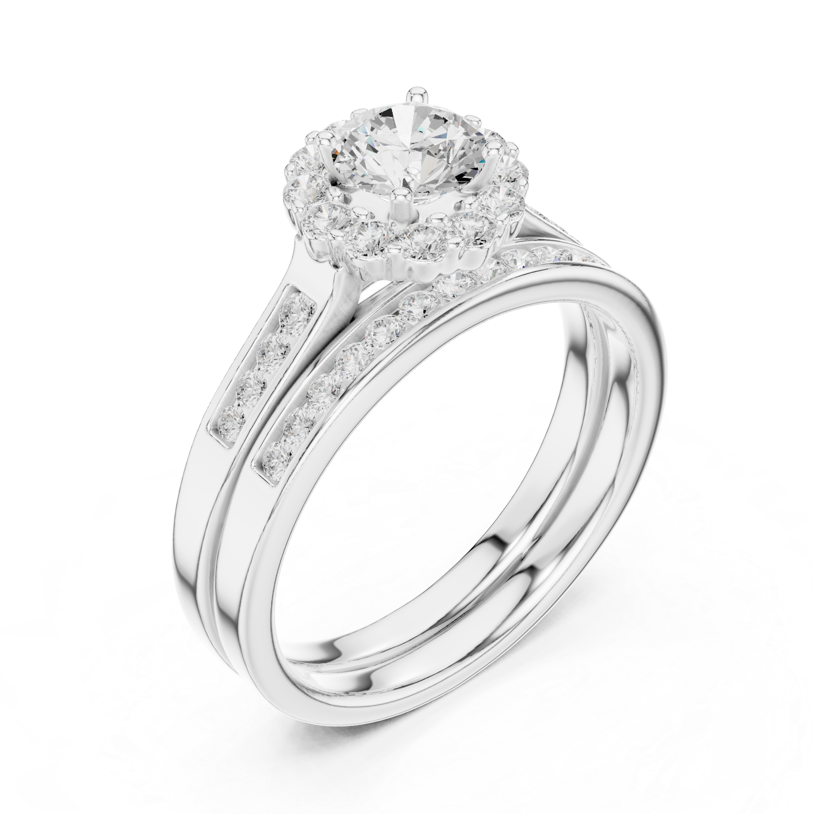Round Halo Engagement Ring Set – Double Band Diamond Bridal Ring