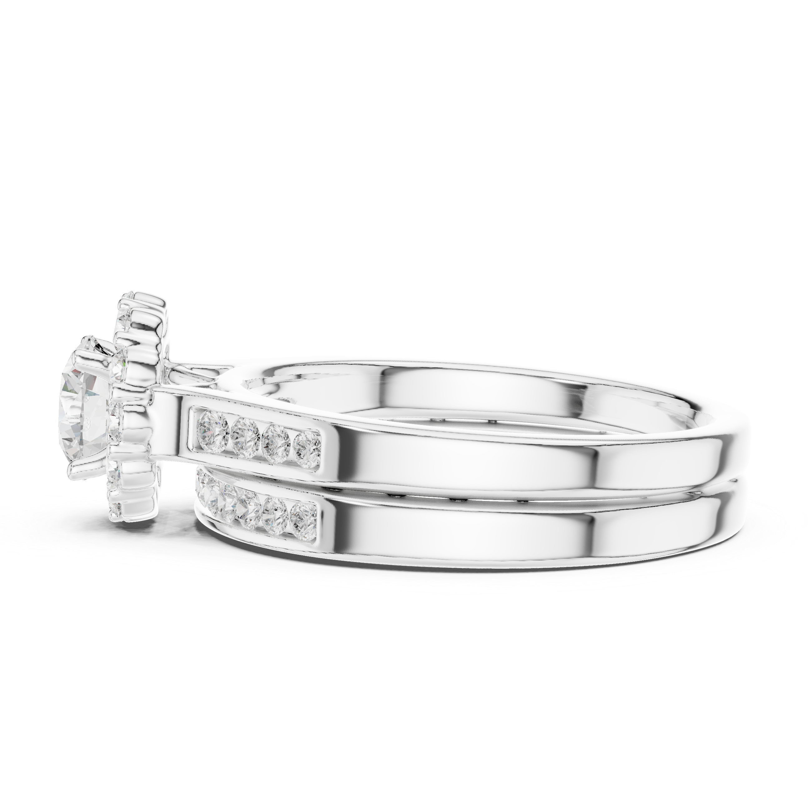 Round Halo Engagement Ring Set – Double Band Diamond Bridal Ring