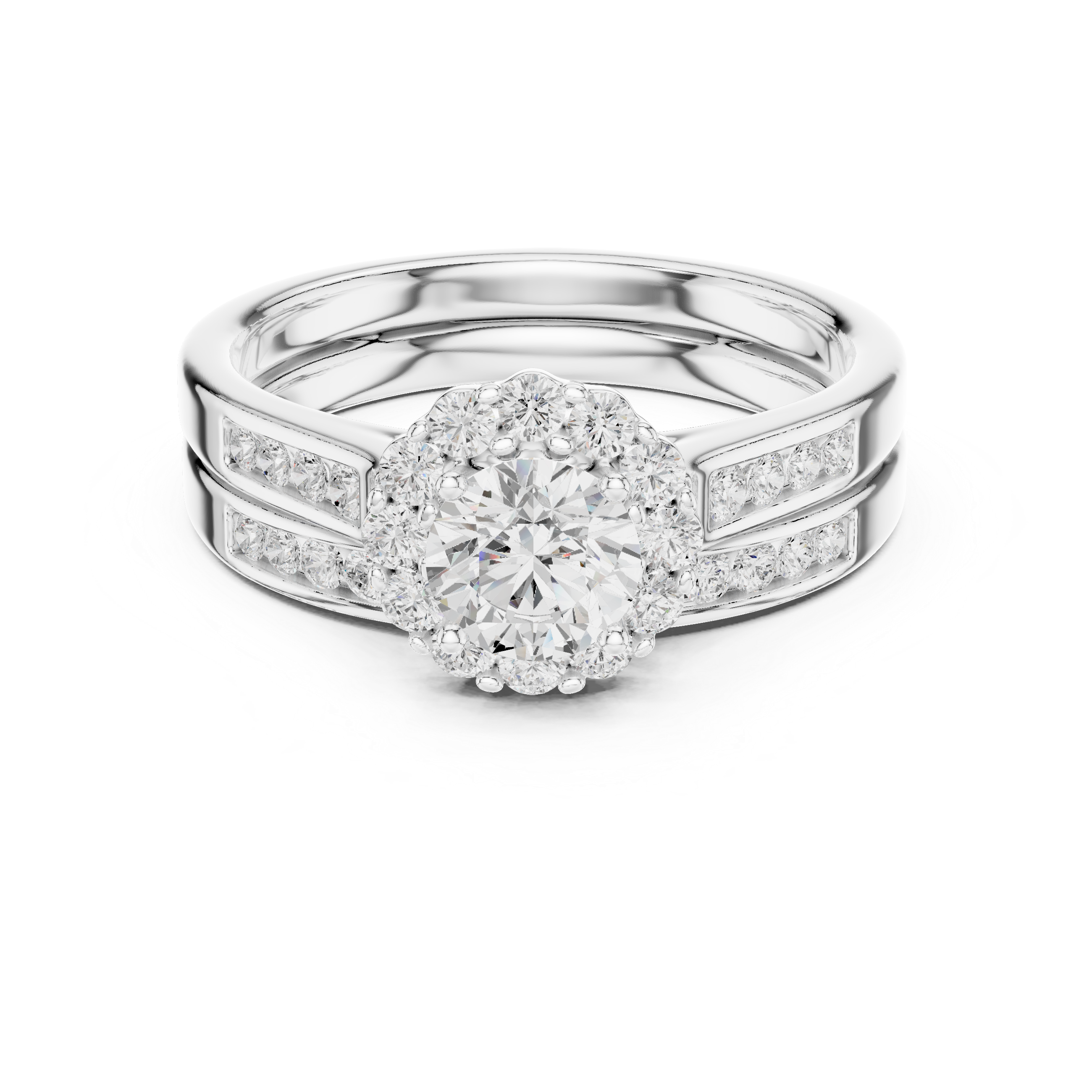 Round Halo Engagement Ring Set – Double Band Diamond Bridal Ring