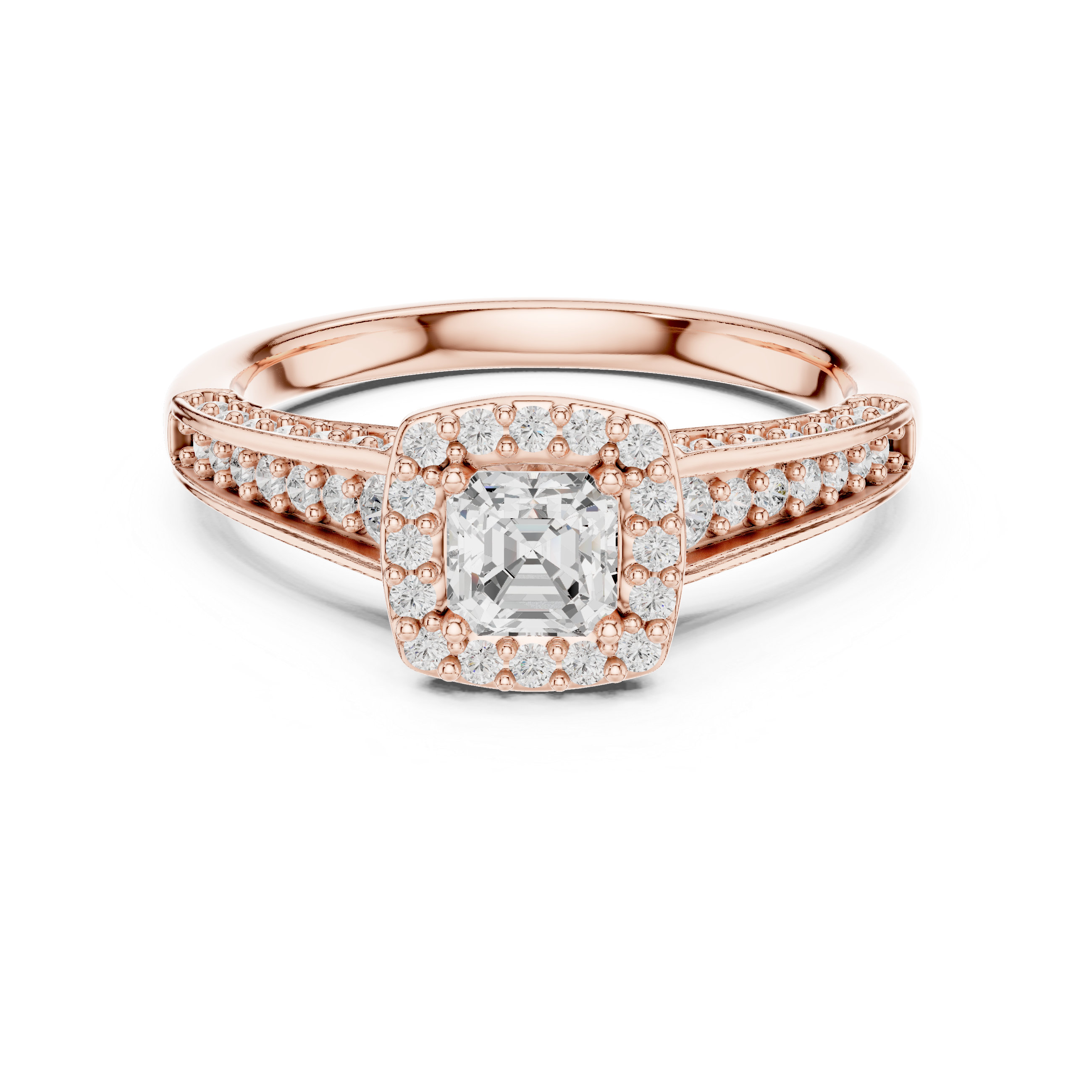 Emerald Cut Halo Engagement Ring – Double Row Pavé Diamond Bridal Ring